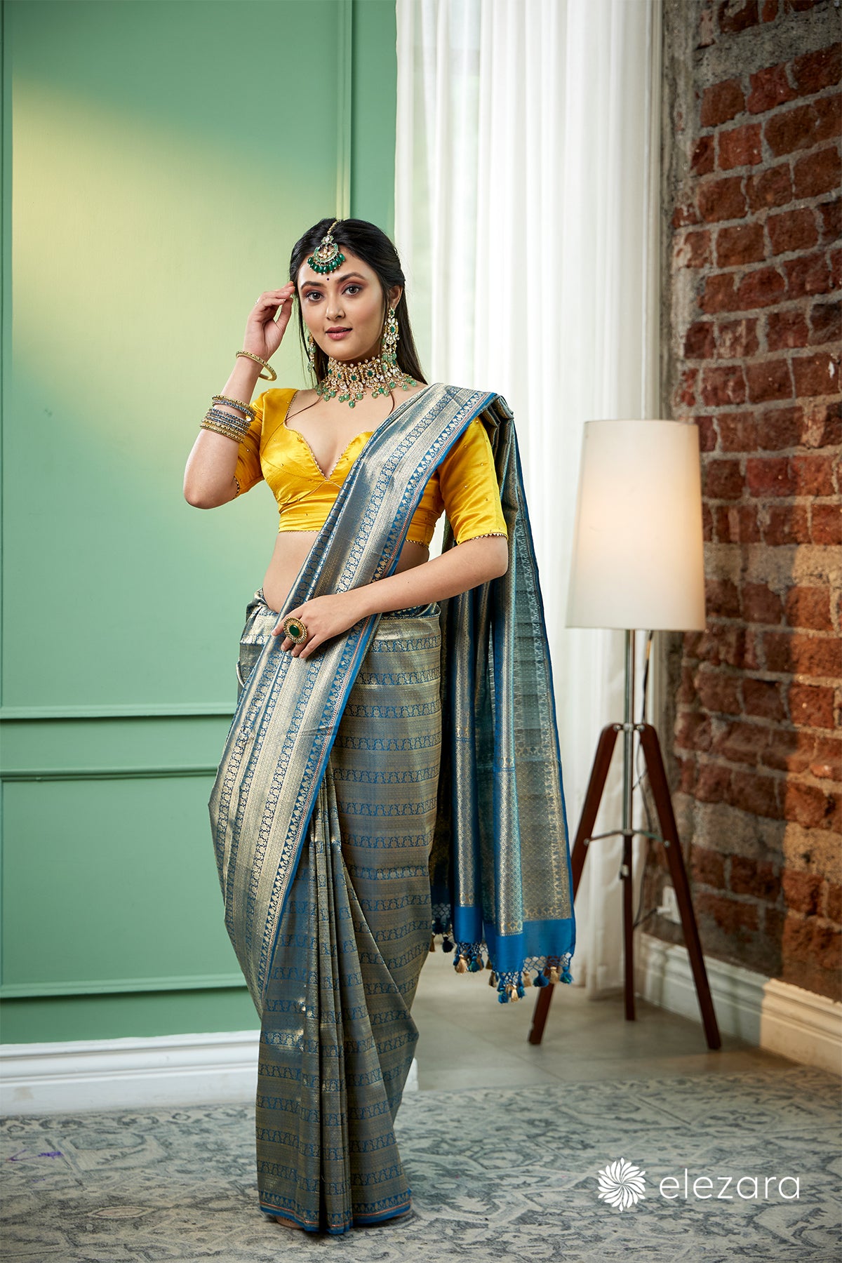 Teal blue handwoven brocaded kimkhab Pure Katan Silk Banarasi