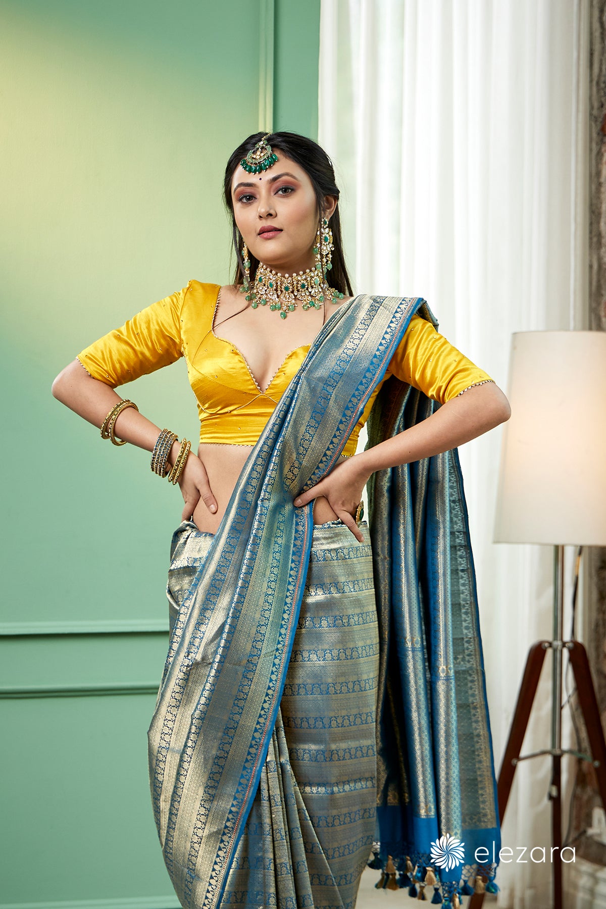 Teal blue handwoven brocaded kimkhab Pure Katan Silk Banarasi