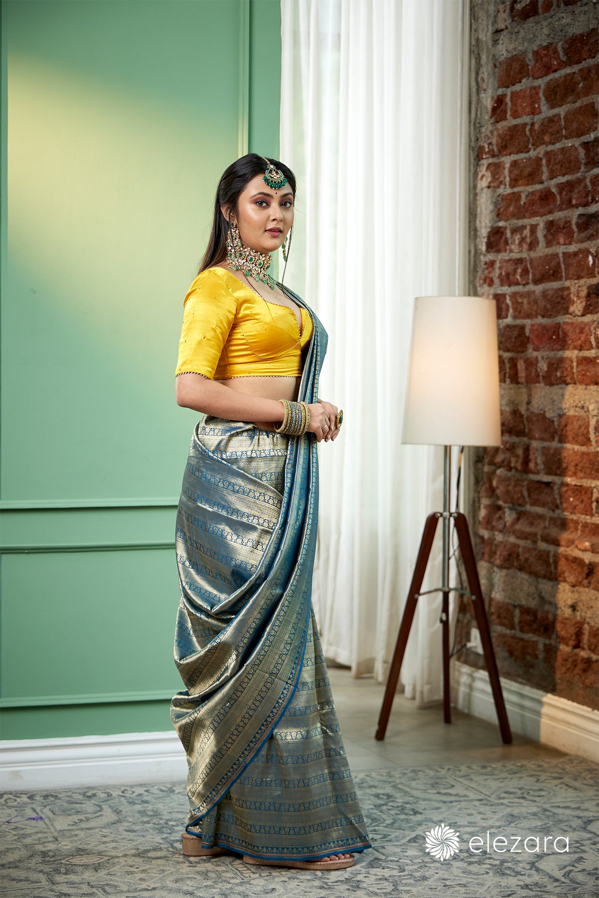 Teal blue handwoven brocaded kimkhab Pure Katan Silk Banarasi