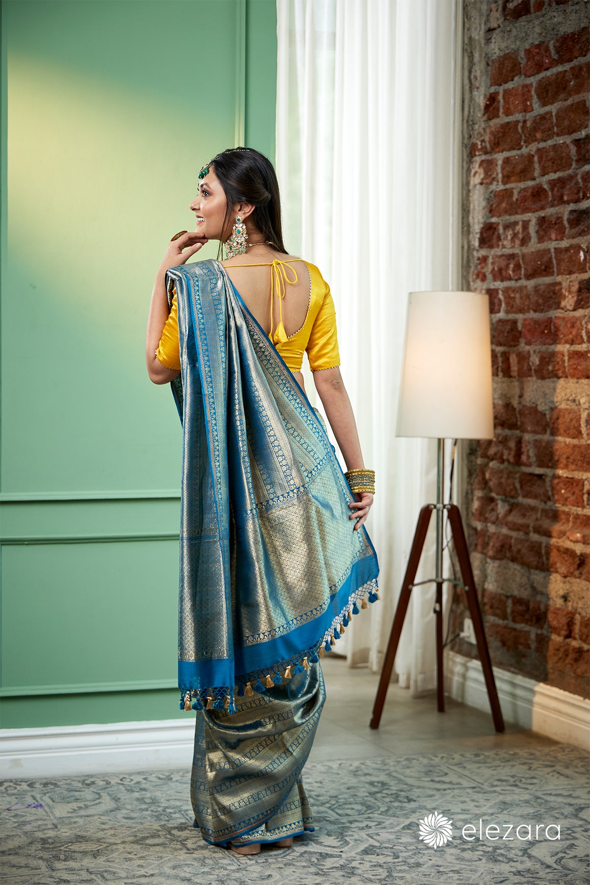 Teal blue handwoven brocaded kimkhab Pure Katan Silk Banarasi