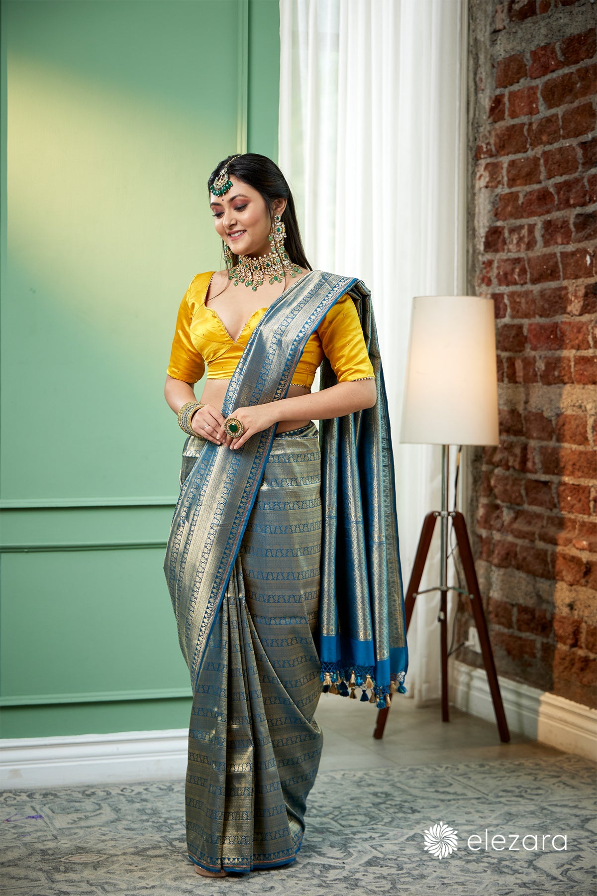 Teal blue handwoven brocaded kimkhab Pure Katan Silk Banarasi