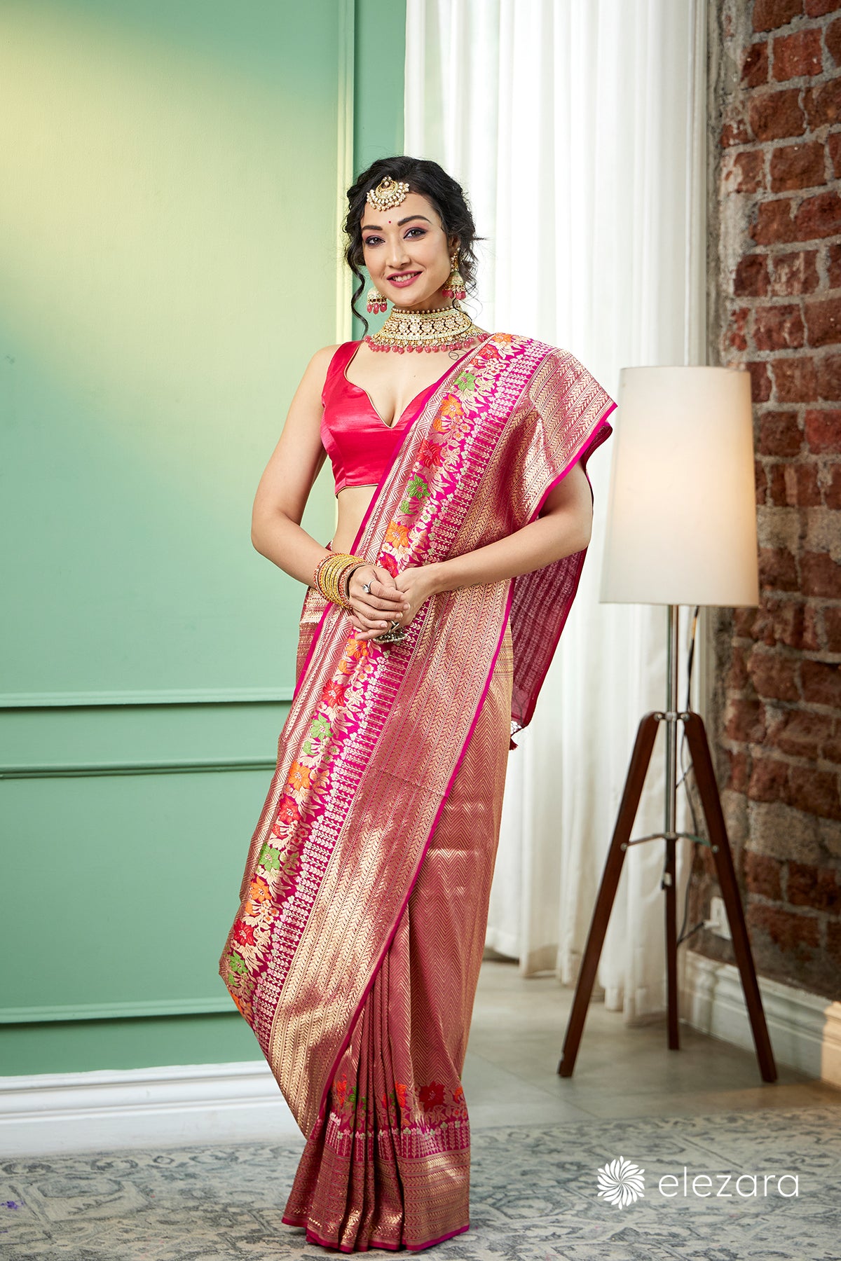 Pink handwoven brocaded kim khab Meenakari Pure Katan Silk Banarasi