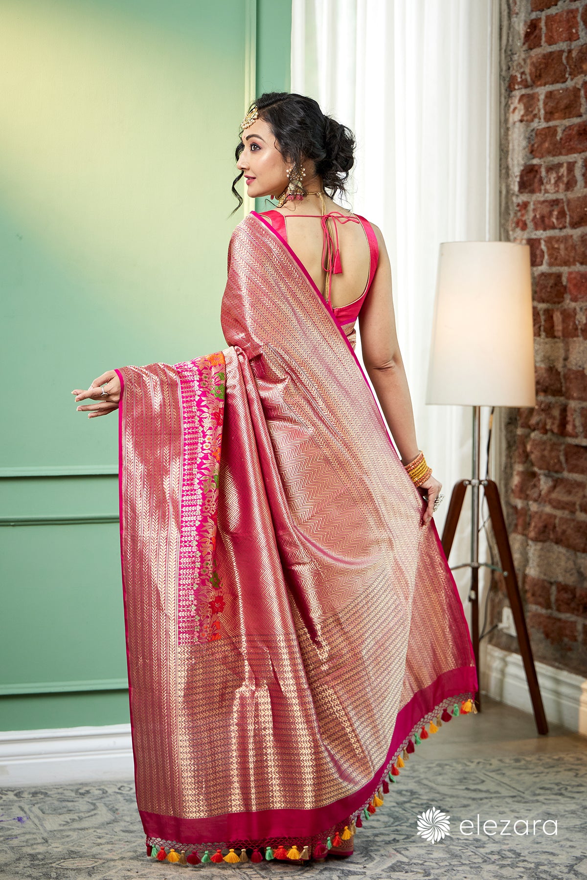 Pink handwoven brocaded kim khab Meenakari Pure Katan Silk Banarasi