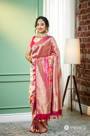 Pink handwoven brocaded kim khab Meenakari Pure Katan Silk Banarasi