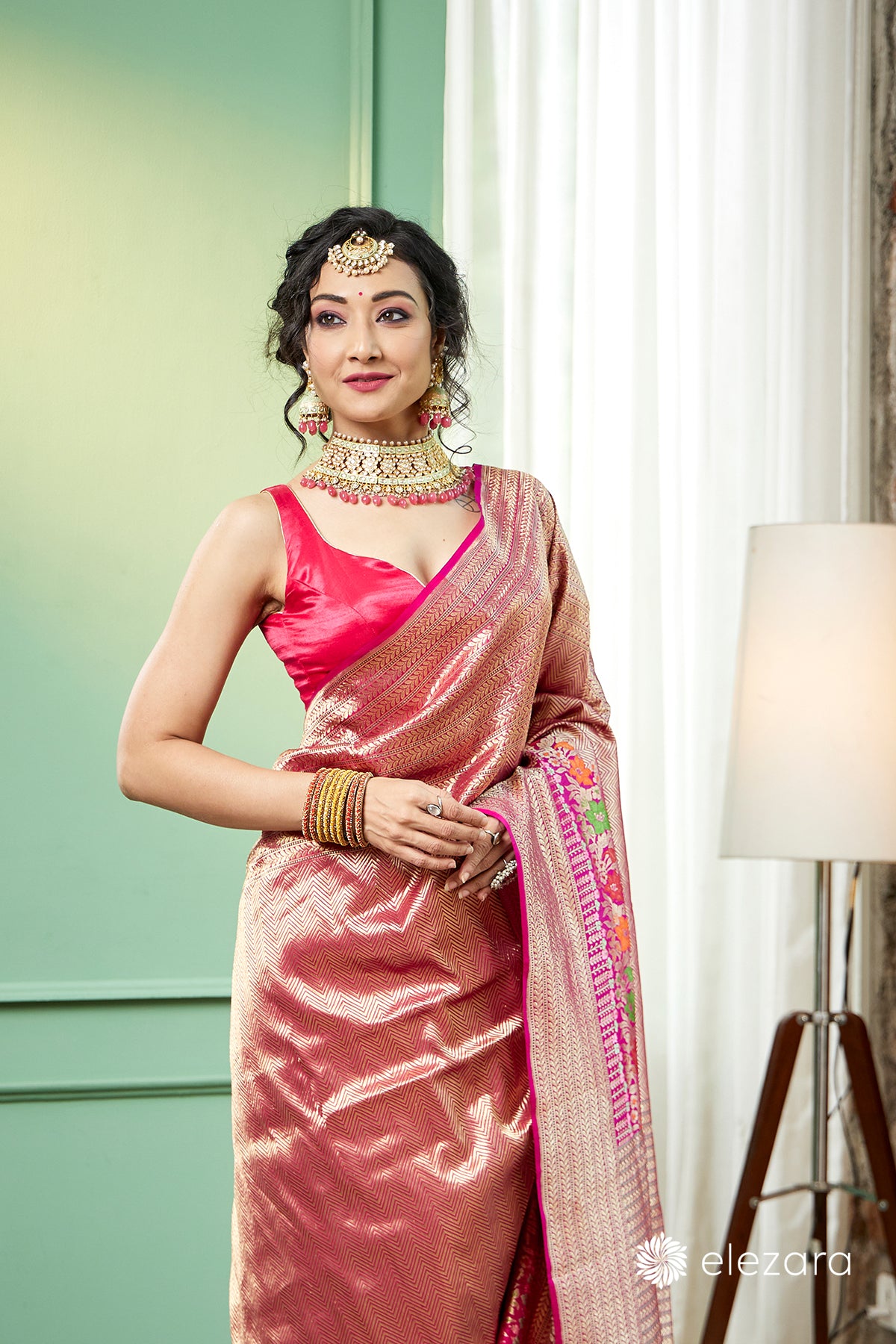 Pink handwoven brocaded kim khab Meenakari Pure Katan Silk Banarasi