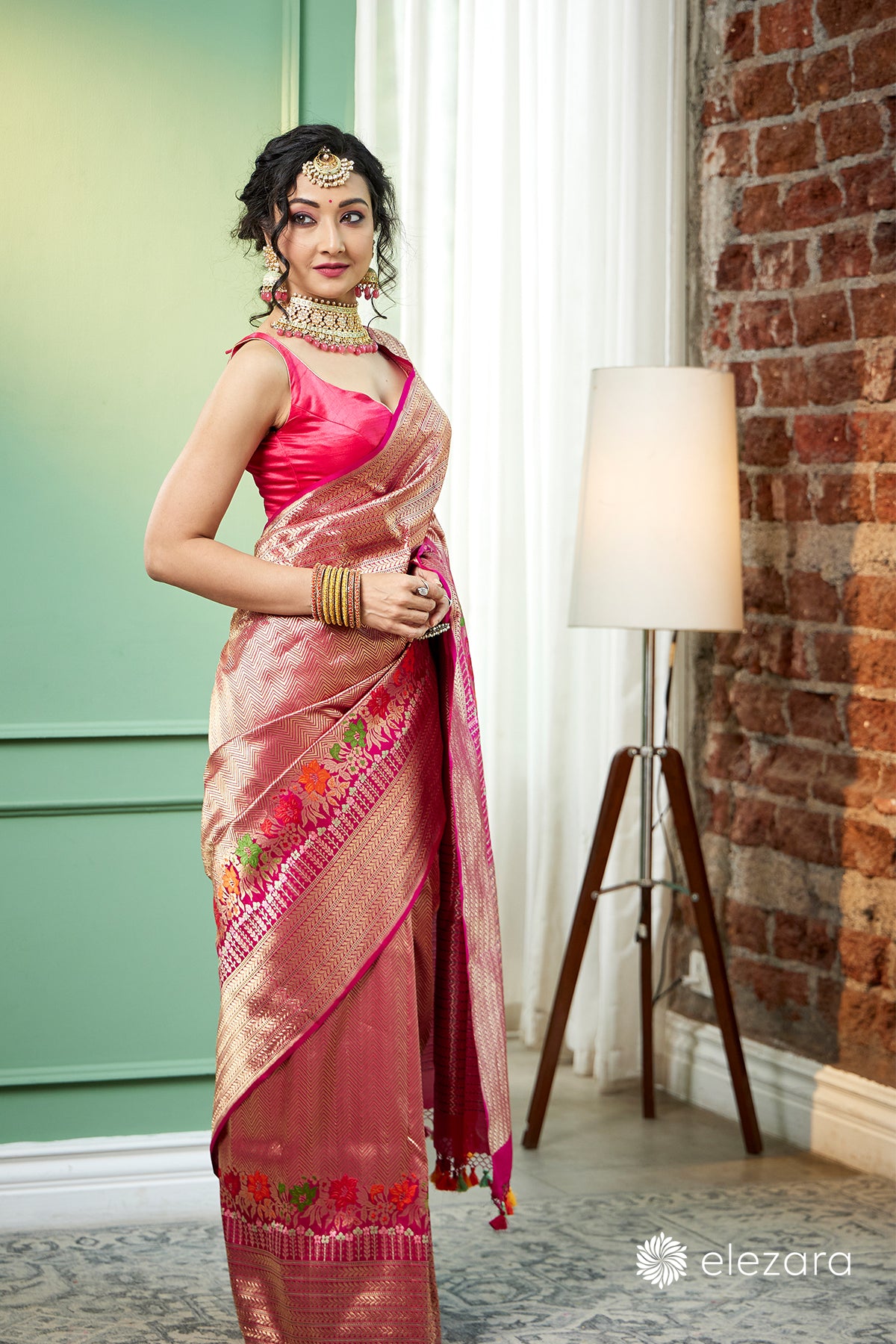 Pink handwoven brocaded kim khab Meenakari Pure Katan Silk Banarasi