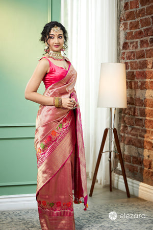 Pink handwoven brocaded kim khab Meenakari Pure Katan Silk Banarasi