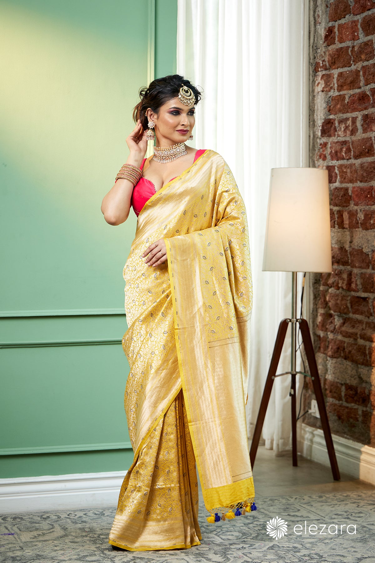 Yellow handwoven brocaded kim khab Meenakari Pure Katan Silk Banarasi