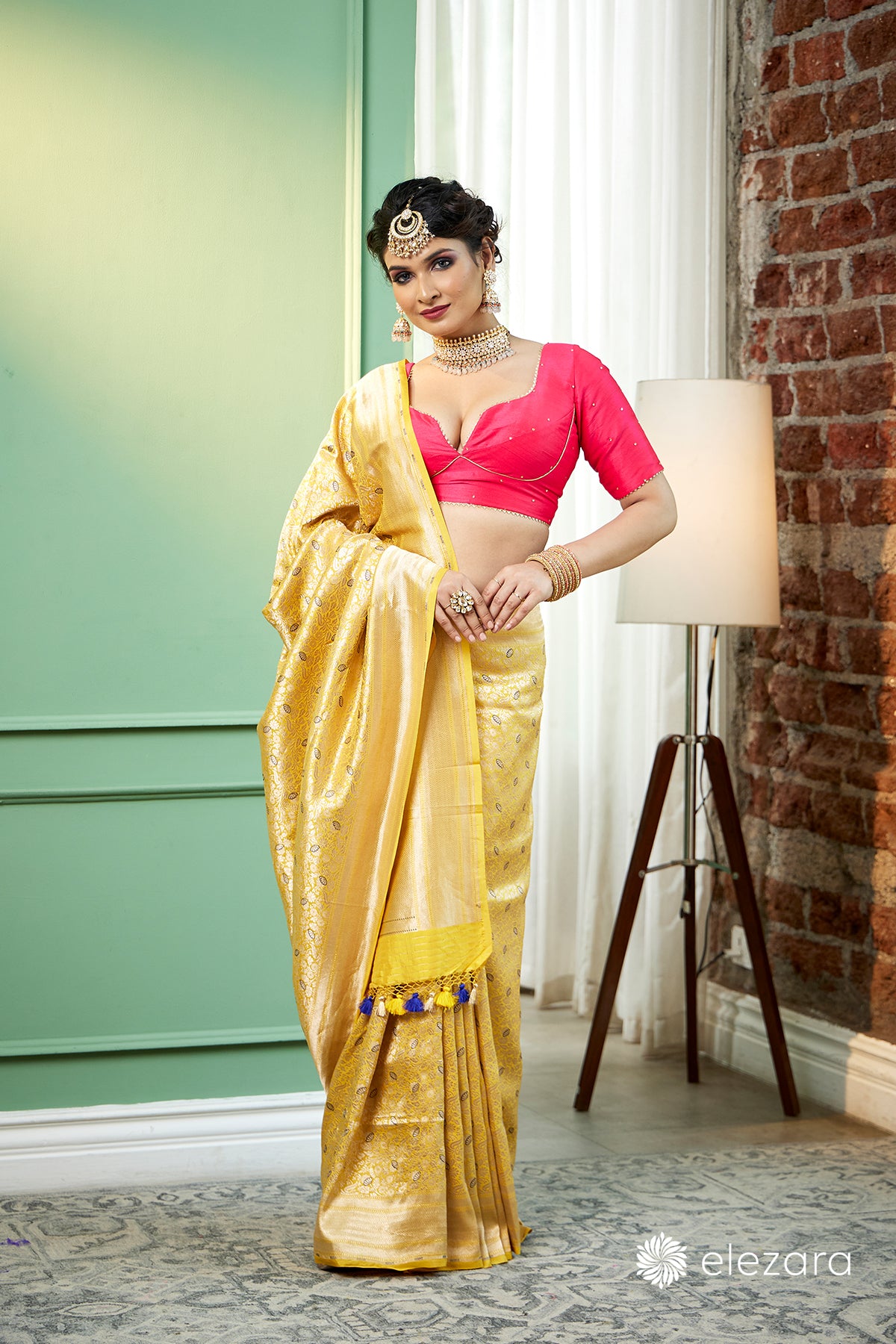 Yellow handwoven brocaded kim khab Meenakari Pure Katan Silk Banarasi