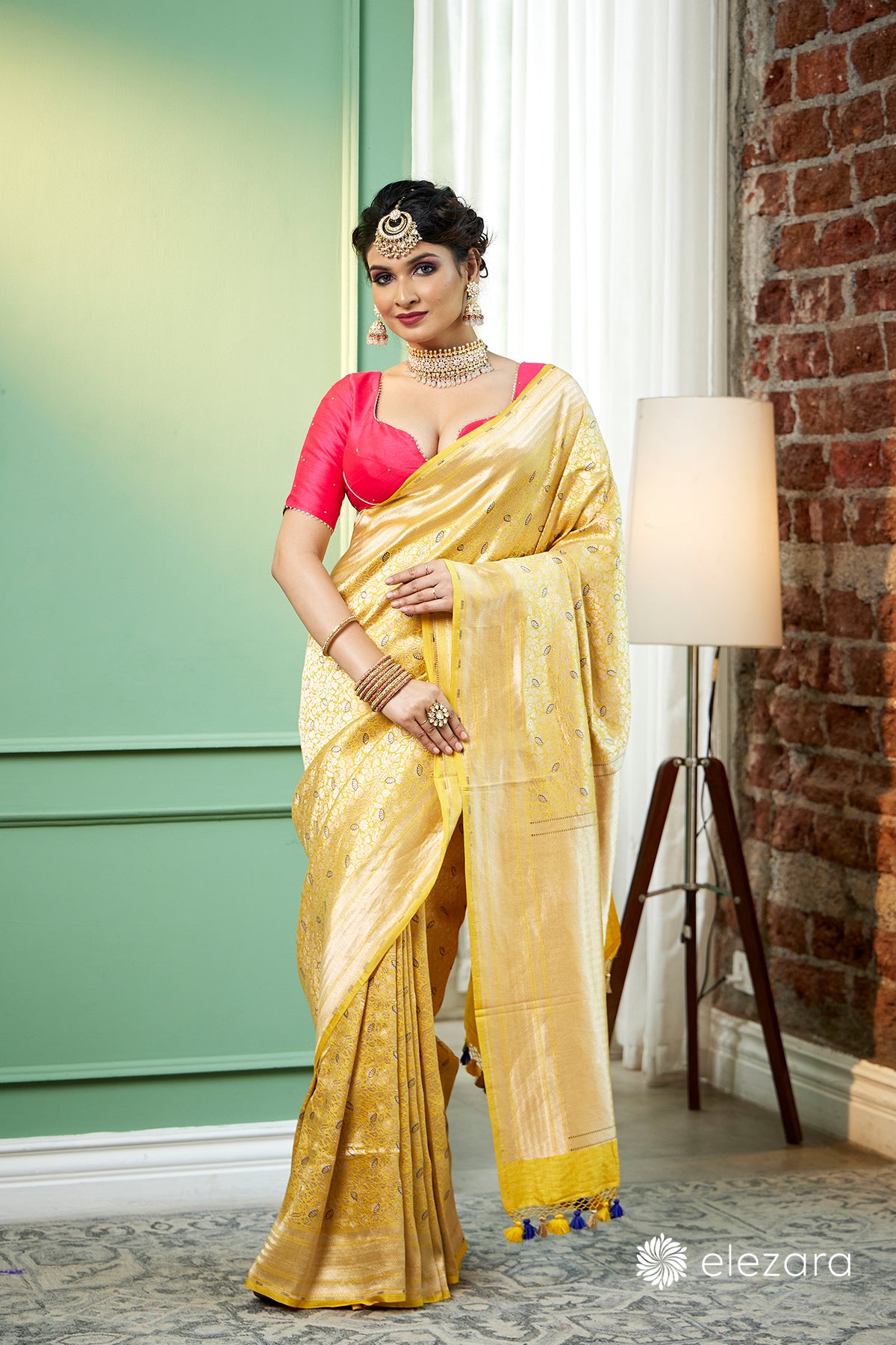 Yellow handwoven brocaded kim khab Meenakari Pure Katan Silk Banarasi