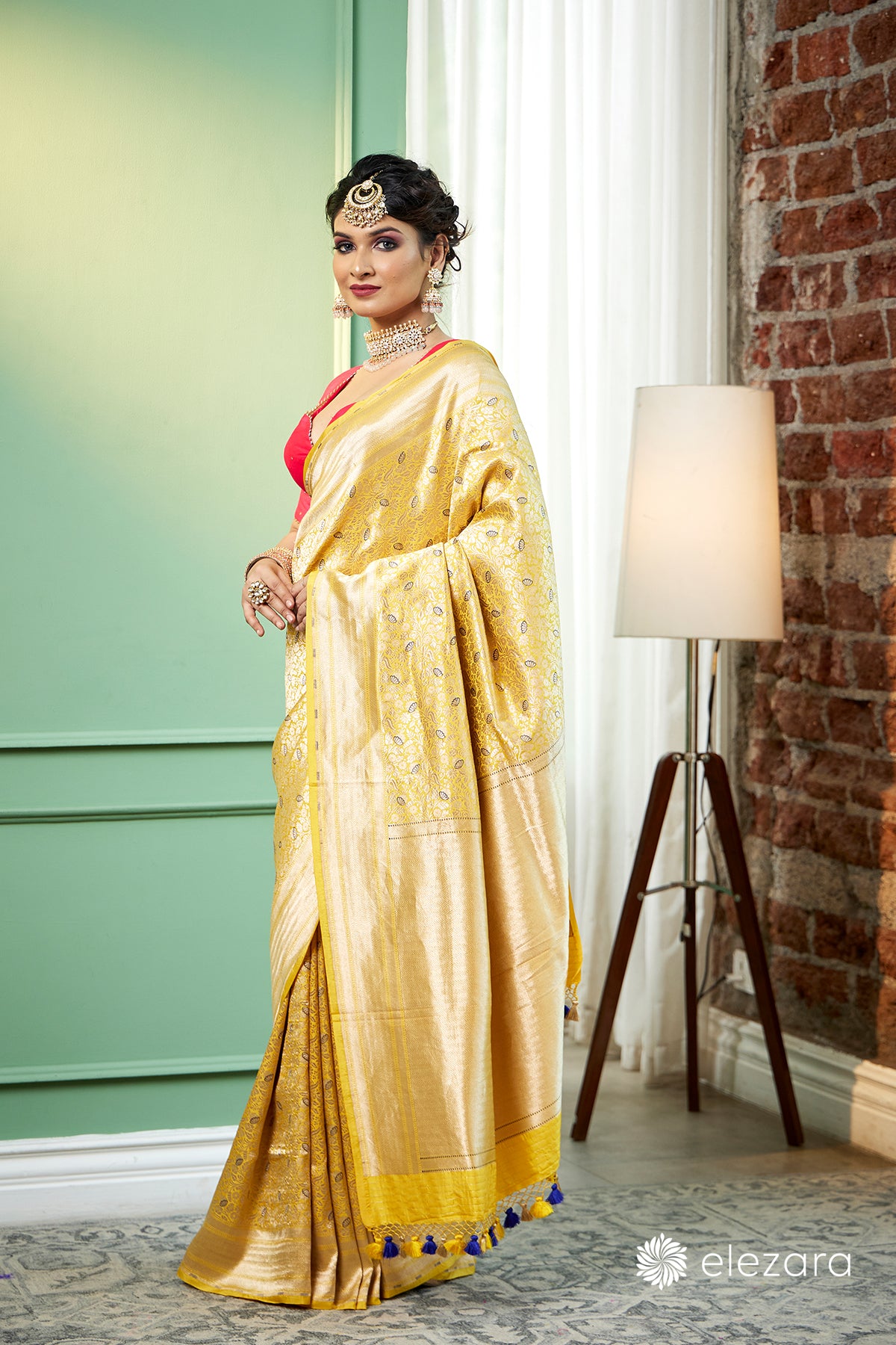 Yellow handwoven brocaded kim khab Meenakari Pure Katan Silk Banarasi