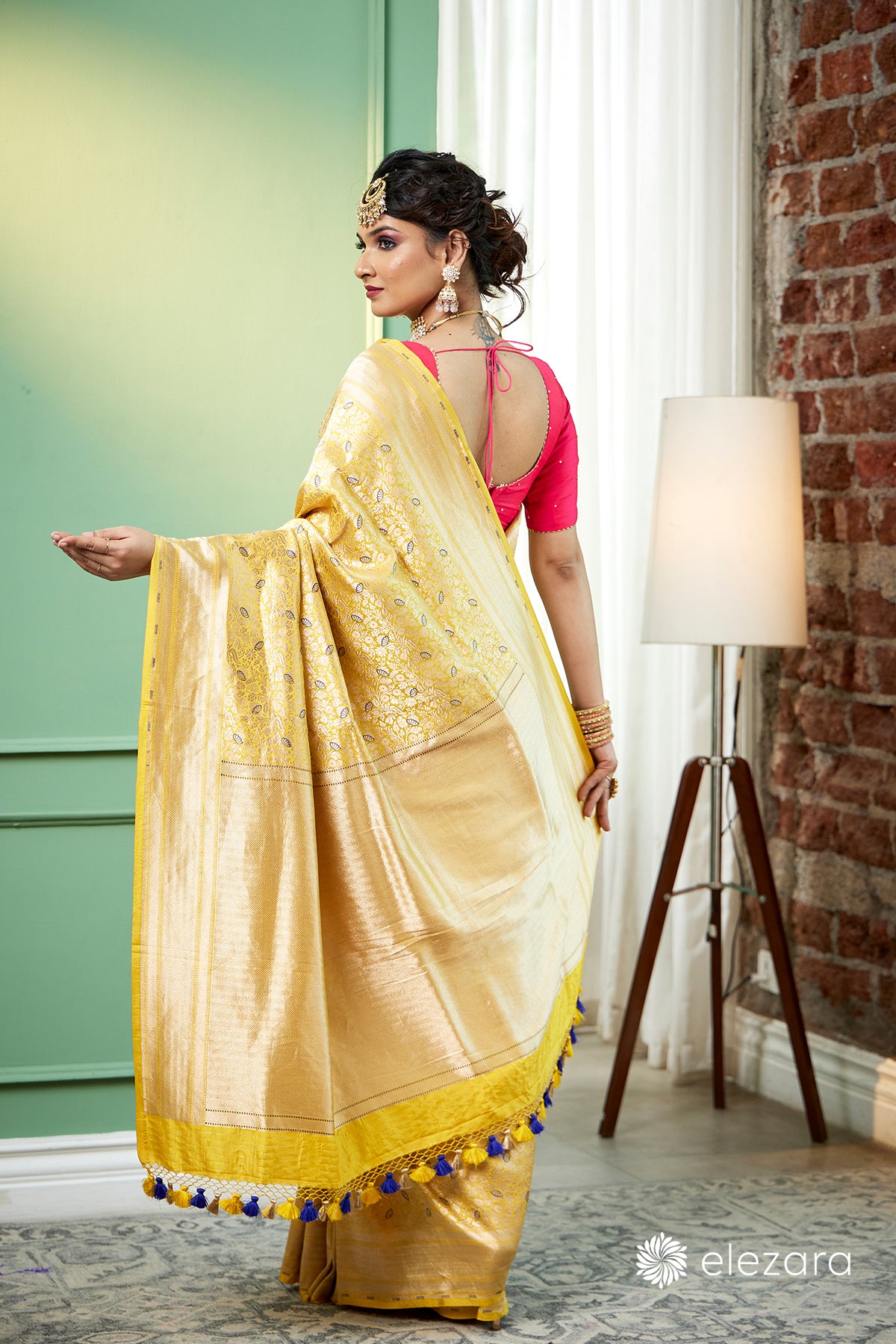 Yellow handwoven brocaded kim khab Meenakari Pure Katan Silk Banarasi