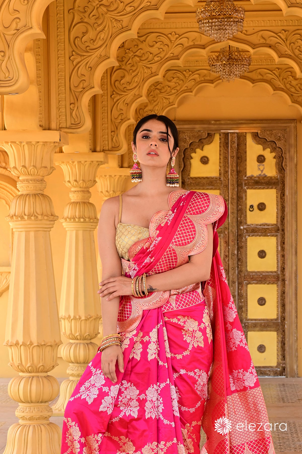 Pink dual tone Sona Rupa Zari Kadhwa Pure Katan Silk Banarasi with Scalloped borders