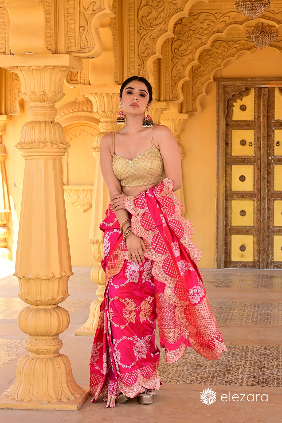 Pink dual tone Sona Rupa Zari Kadhwa Pure Katan Silk Banarasi with Scalloped borders