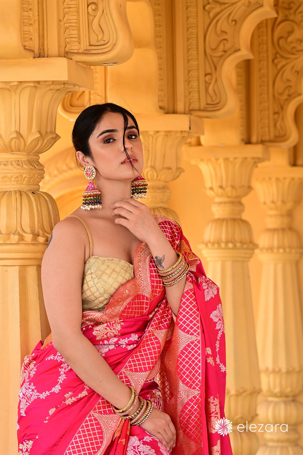 Pink dual tone Sona Rupa Zari Kadhwa Pure Katan Silk Banarasi with Scalloped borders