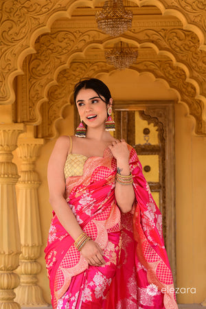 Pink dual tone Sona Rupa Zari Kadhwa Pure Katan Silk Banarasi with Scalloped borders