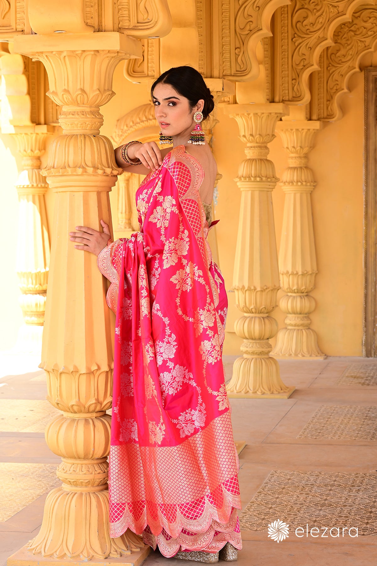 Pink dual tone Sona Rupa Zari Kadhwa Pure Katan Silk Banarasi with Scalloped borders