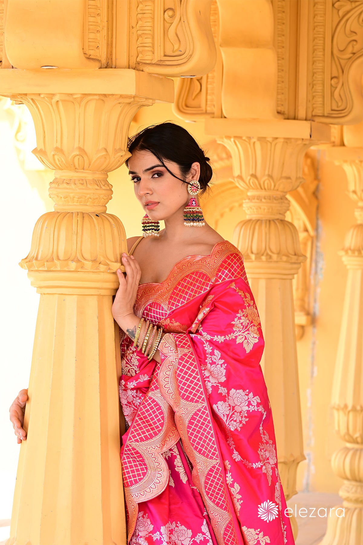 Pink dual tone Sona Rupa Zari Kadhwa Pure Katan Silk Banarasi with Scalloped borders