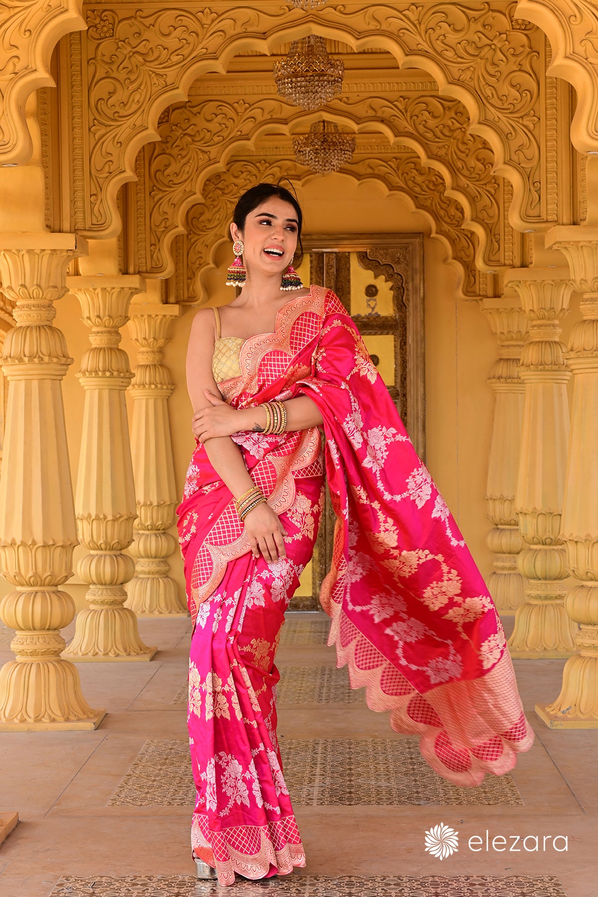 Pink dual tone Sona Rupa Zari Kadhwa Pure Katan Silk Banarasi with Scalloped borders