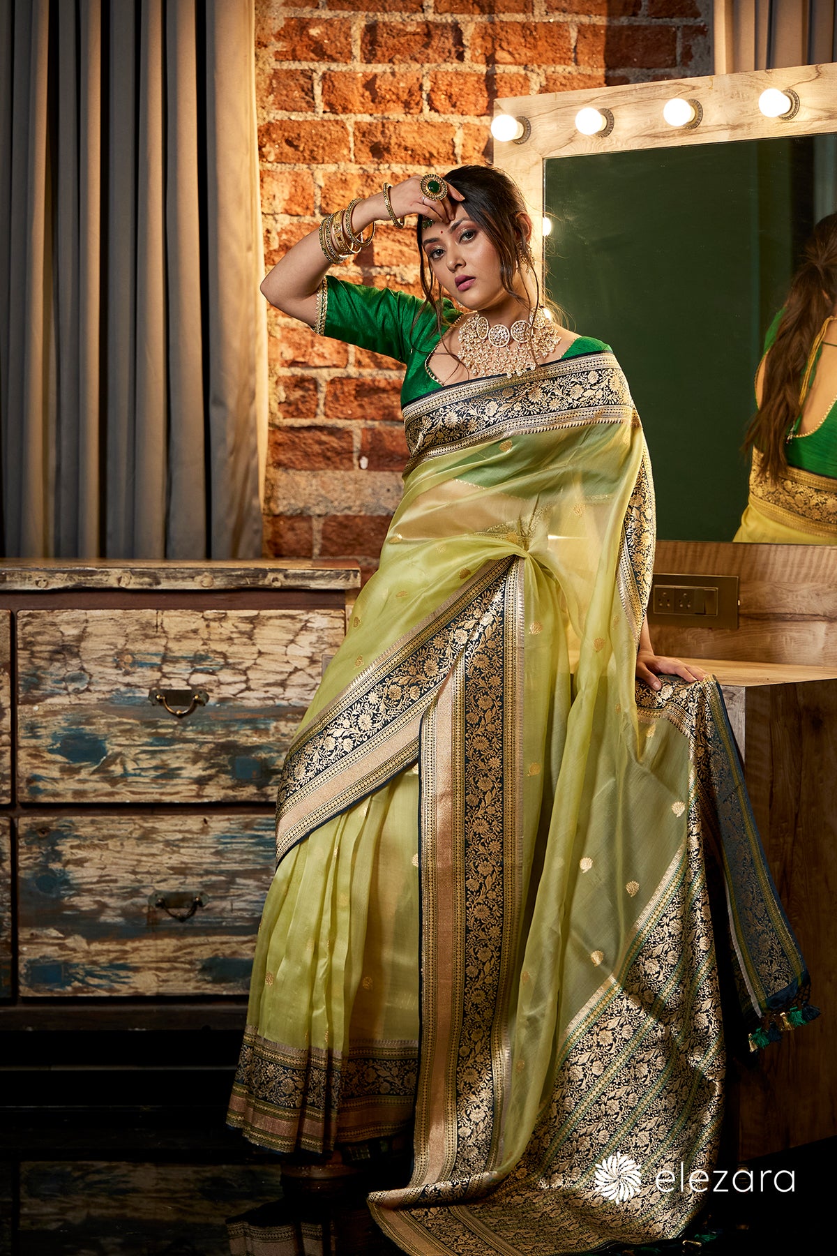 Light Green Kadhwa Buta Meenakari Pure Kora Handwoven Silk