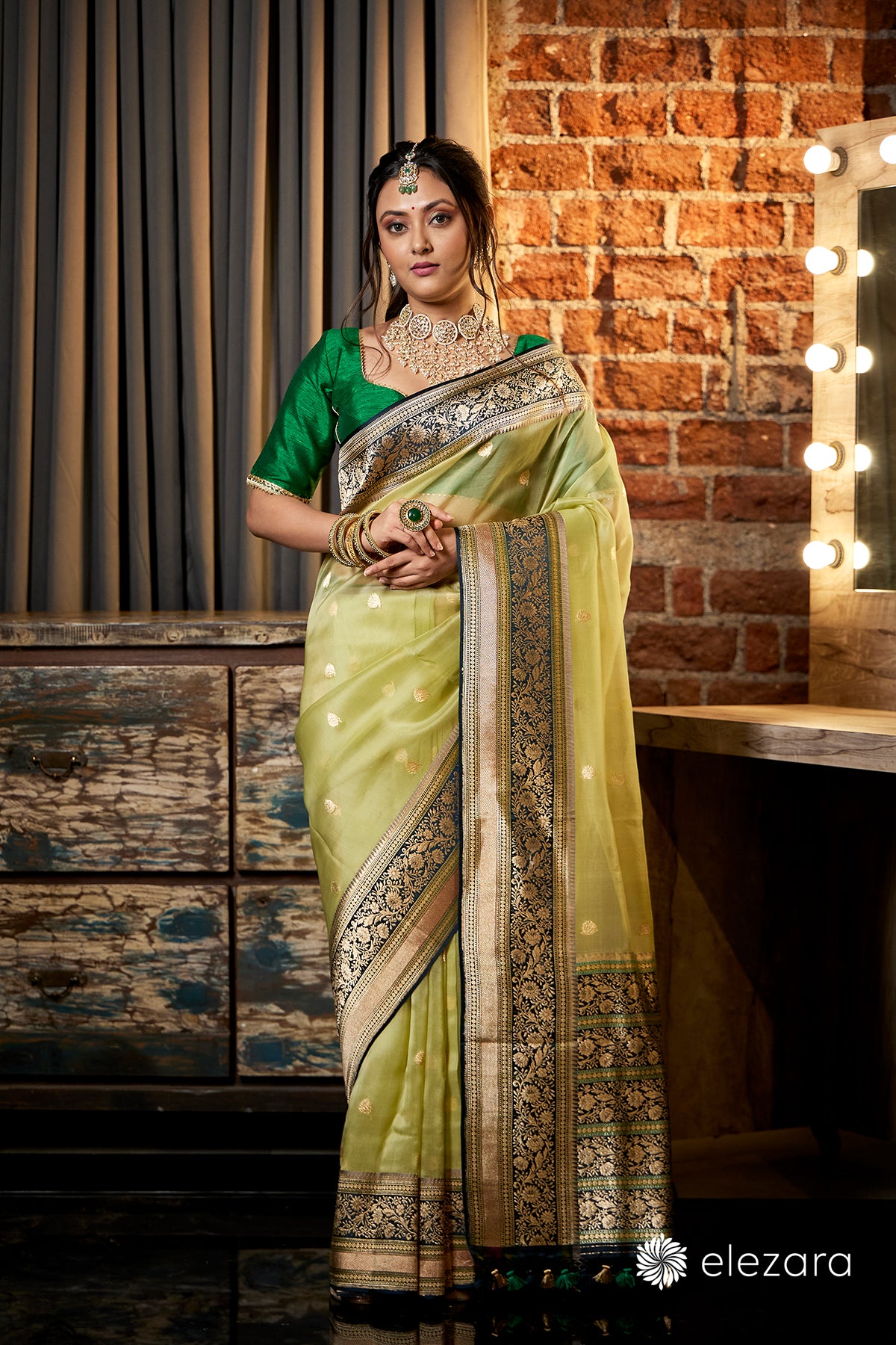 Light Green Kadhwa Buta Meenakari Pure Kora Handwoven Silk