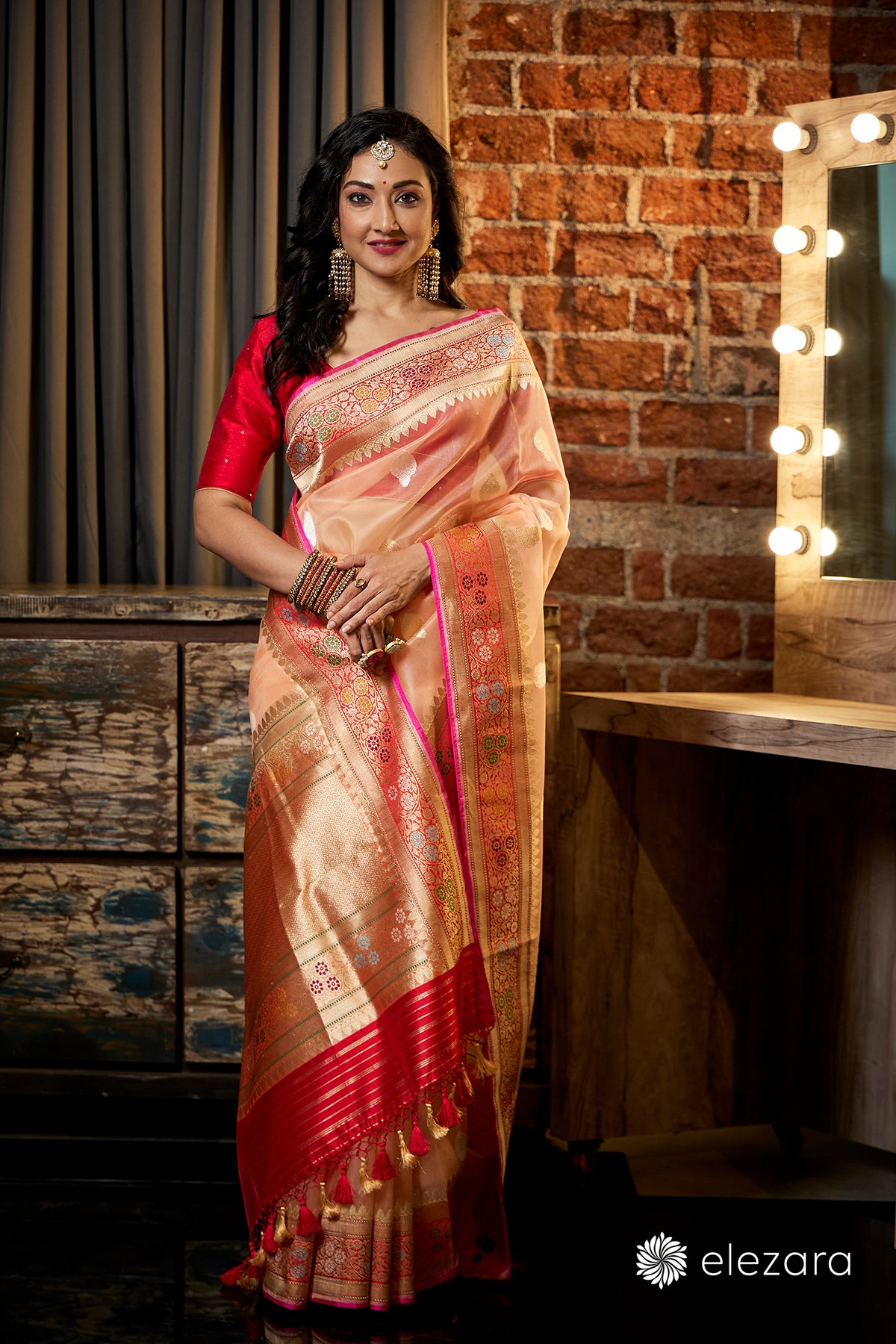 Light Orange Kadhwa Buta Meenakari Pure Kora Handwoven Silk