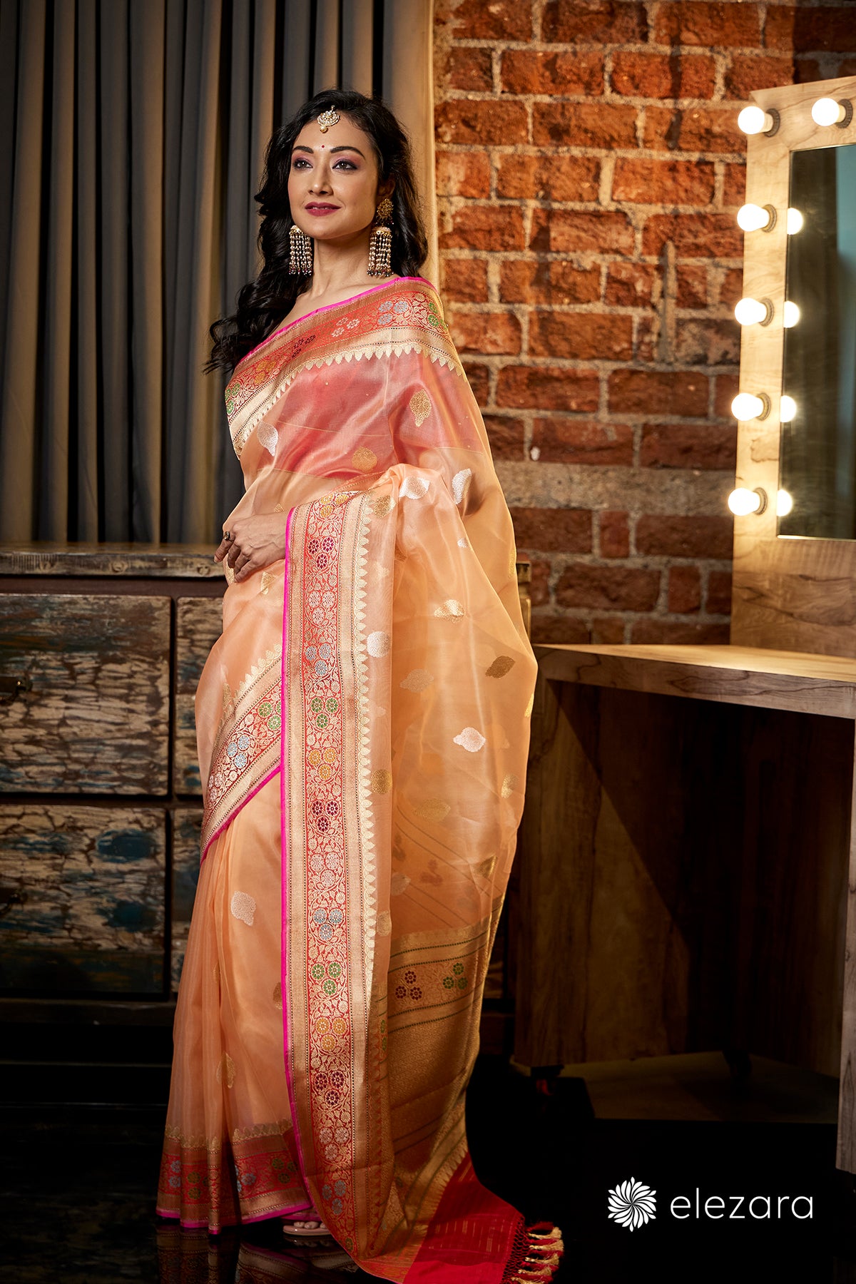 Light Orange Kadhwa Buta Meenakari Pure Kora Handwoven Silk