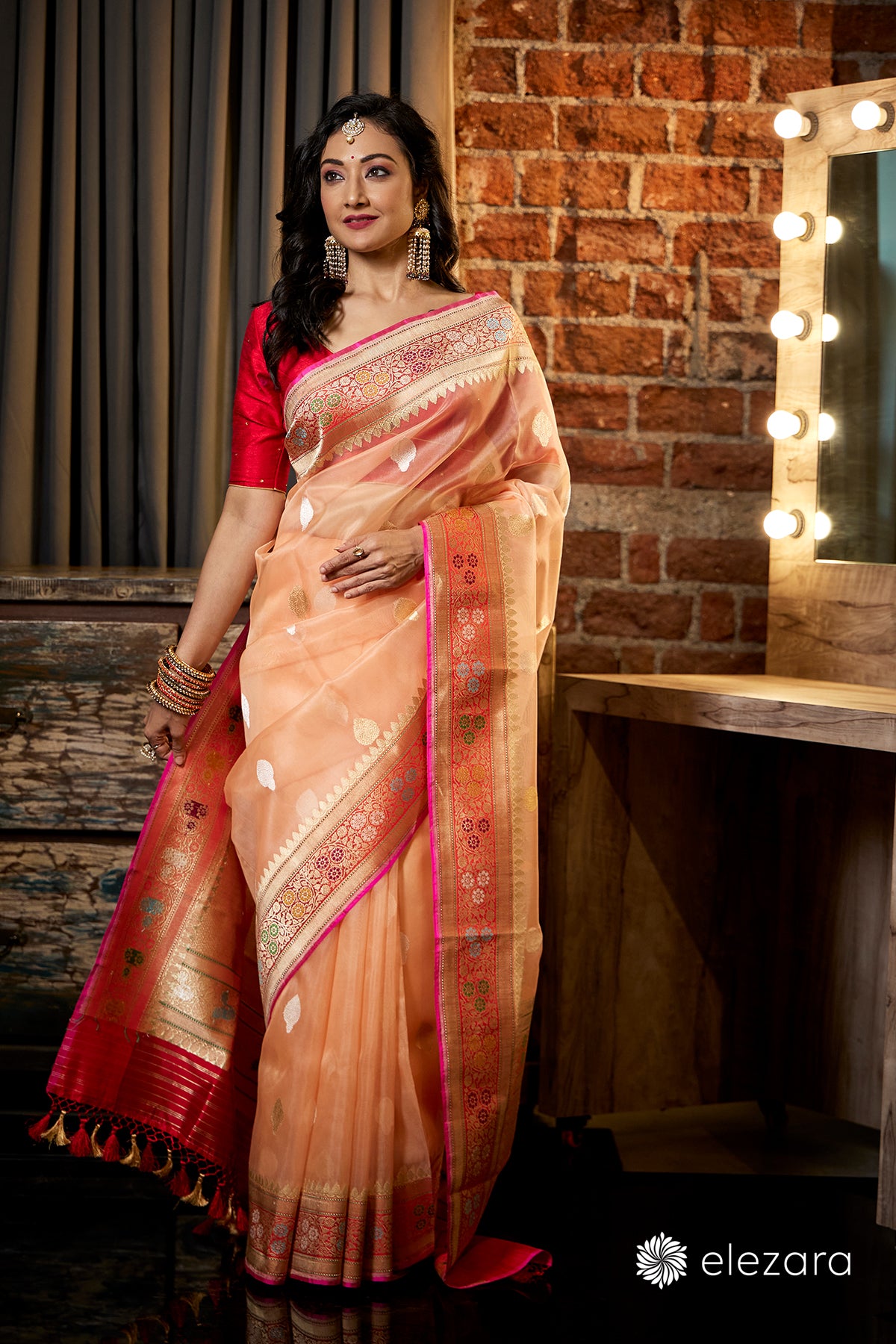 Light Orange Kadhwa Buta Meenakari Pure Kora Handwoven Silk