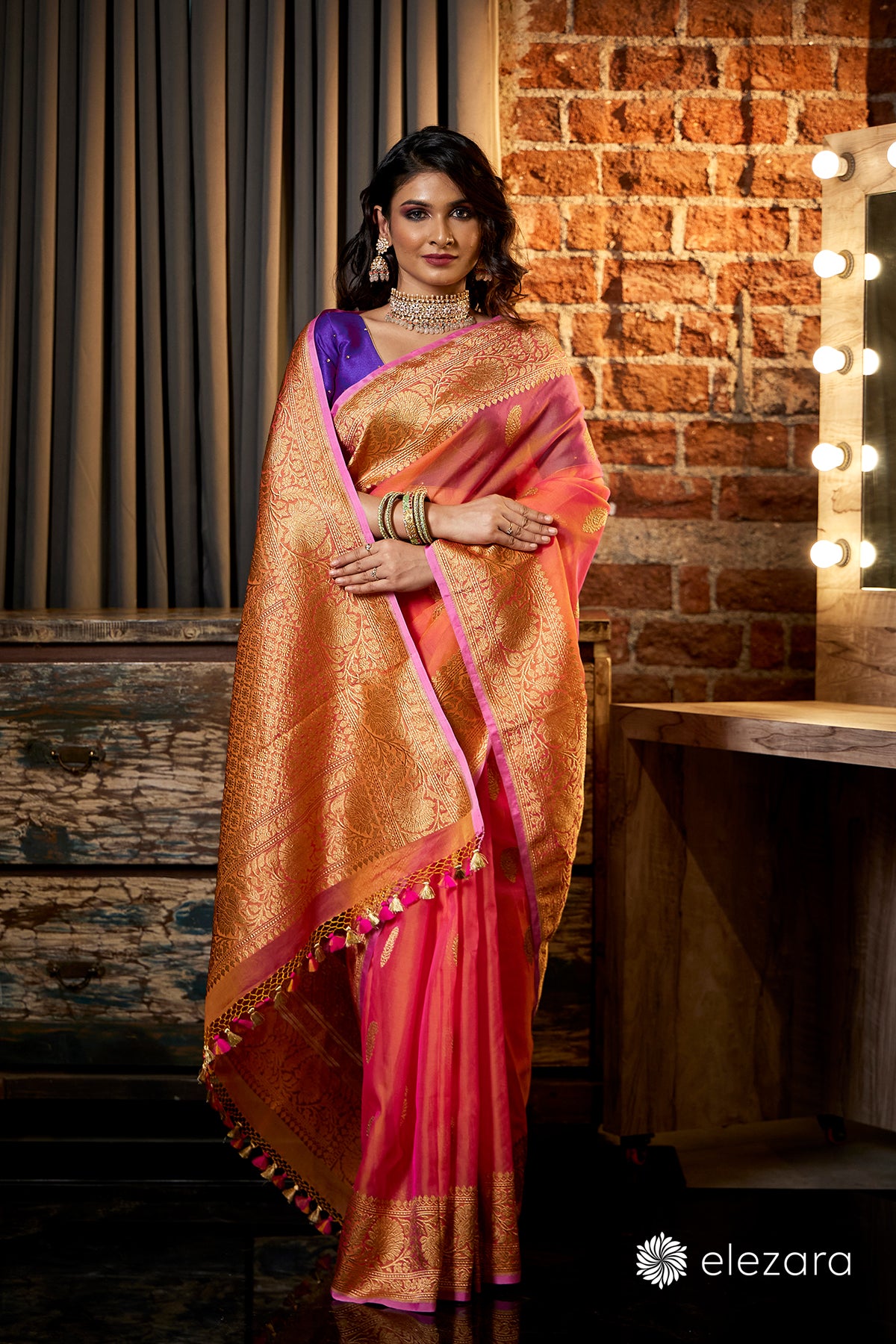 Orange Dual Tone Kadhwa Buta Pure Kora Hand woven Silk