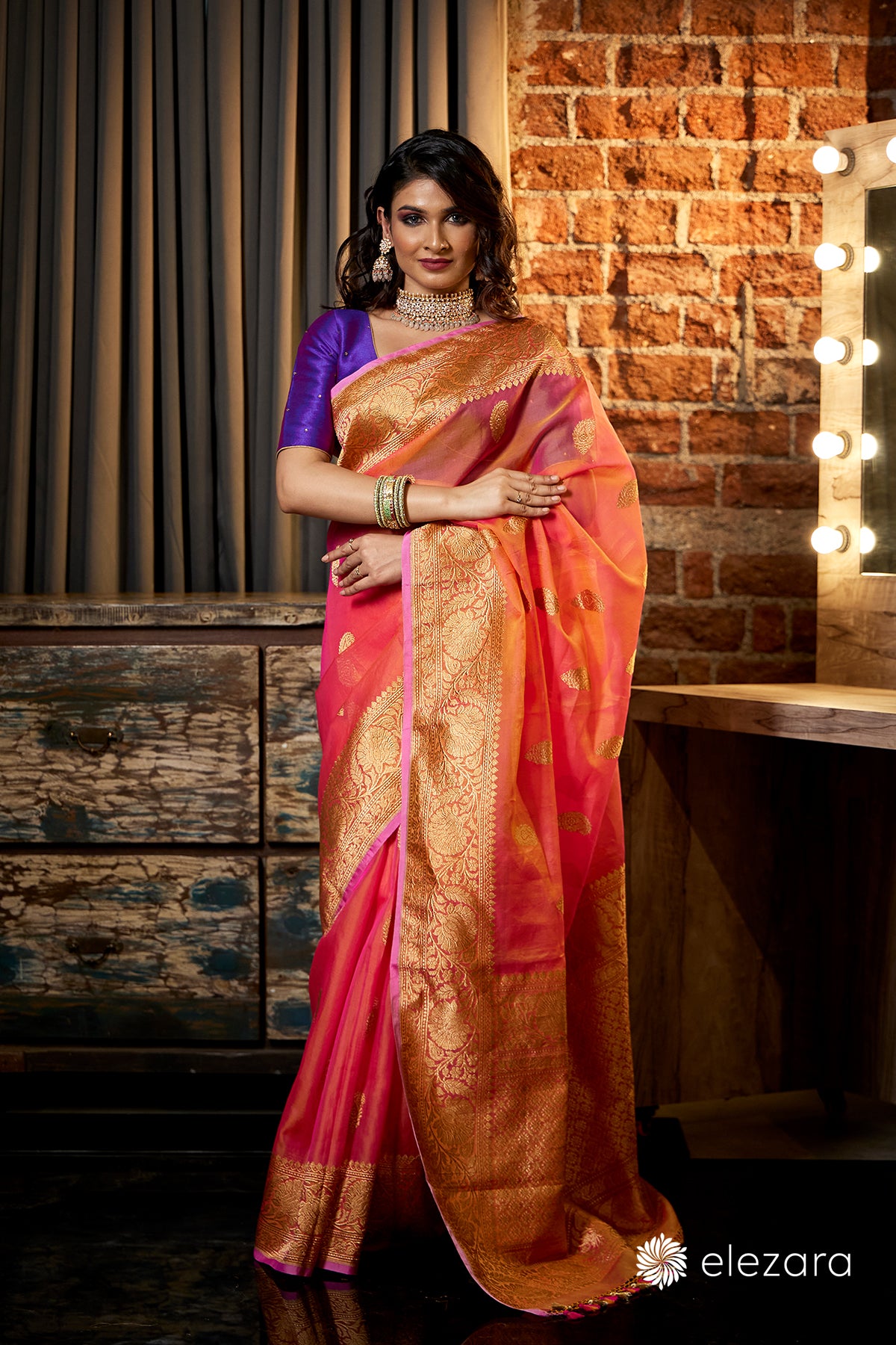 Orange Dual Tone Kadhwa Buta Pure Kora Hand woven Silk