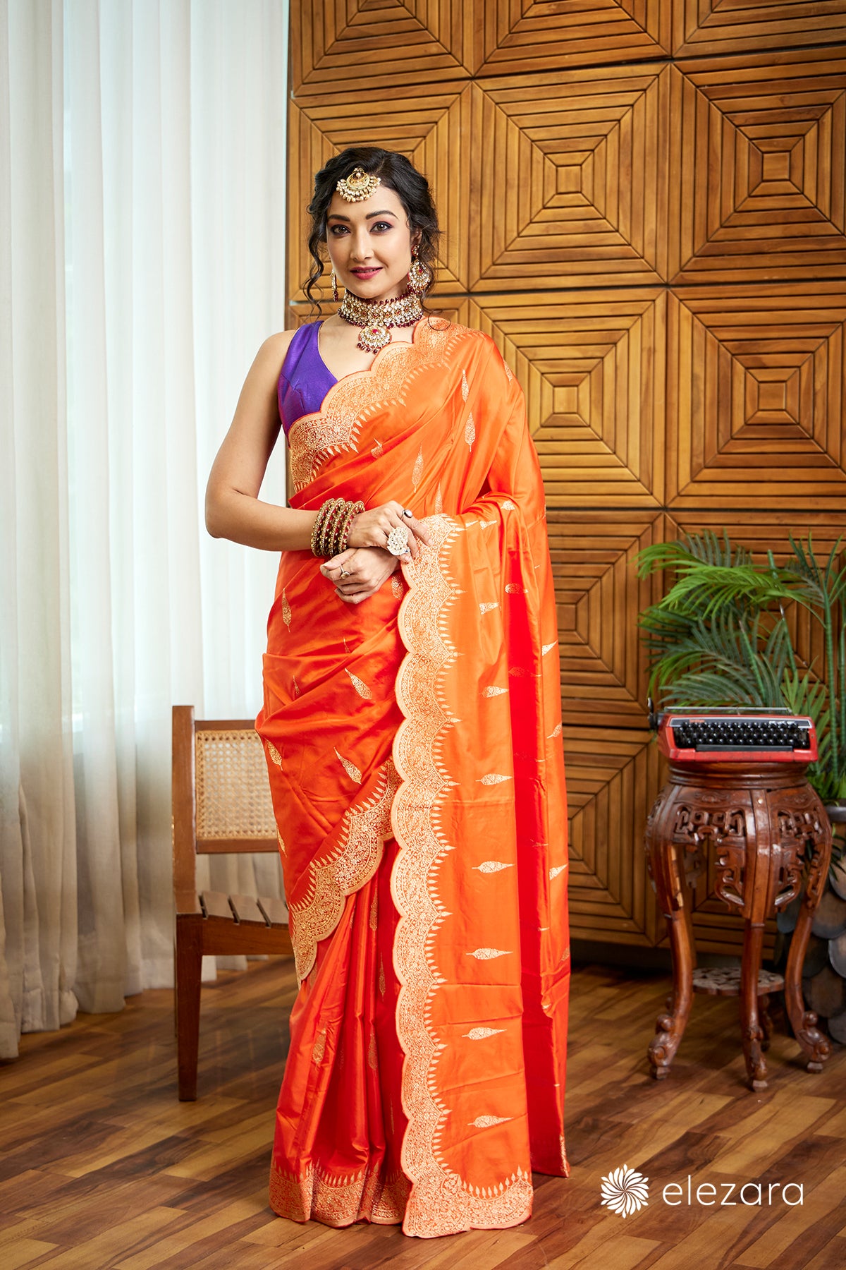 Orange Scallop border with Sona zari Pure Katan Silk Banarasi