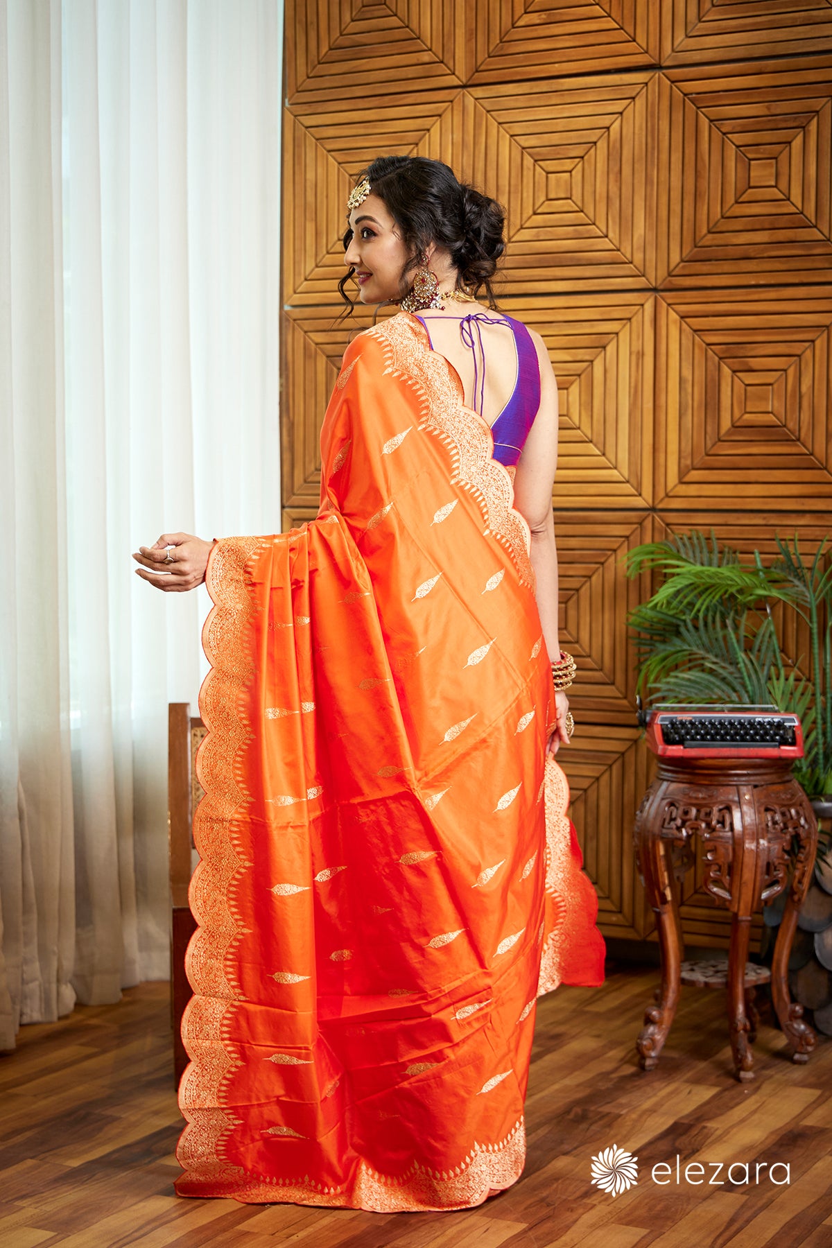 Orange Scallop border with Sona zari Pure Katan Silk Banarasi