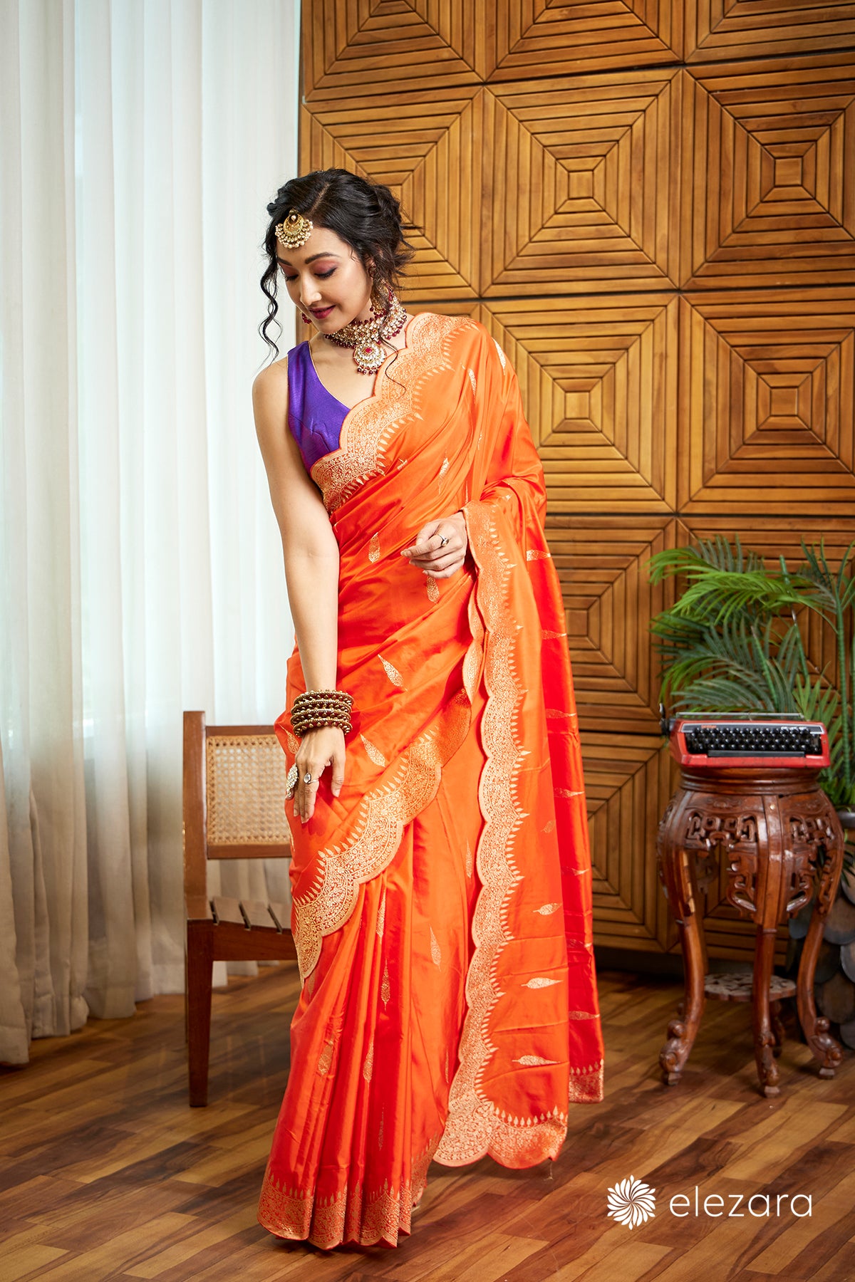 Orange Scallop border with Sona zari Pure Katan Silk Banarasi