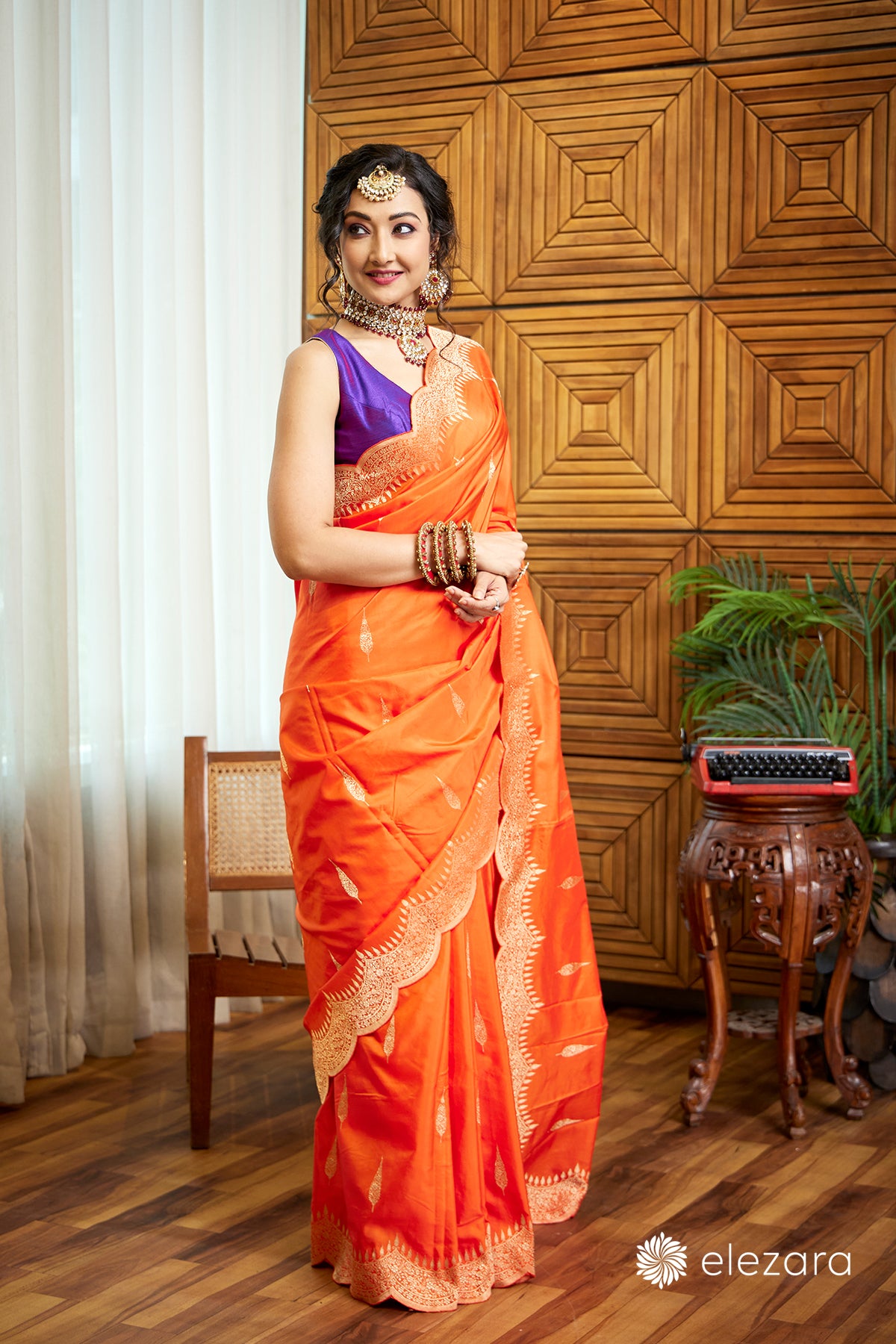 Orange Scallop border with Sona zari Pure Katan Silk Banarasi