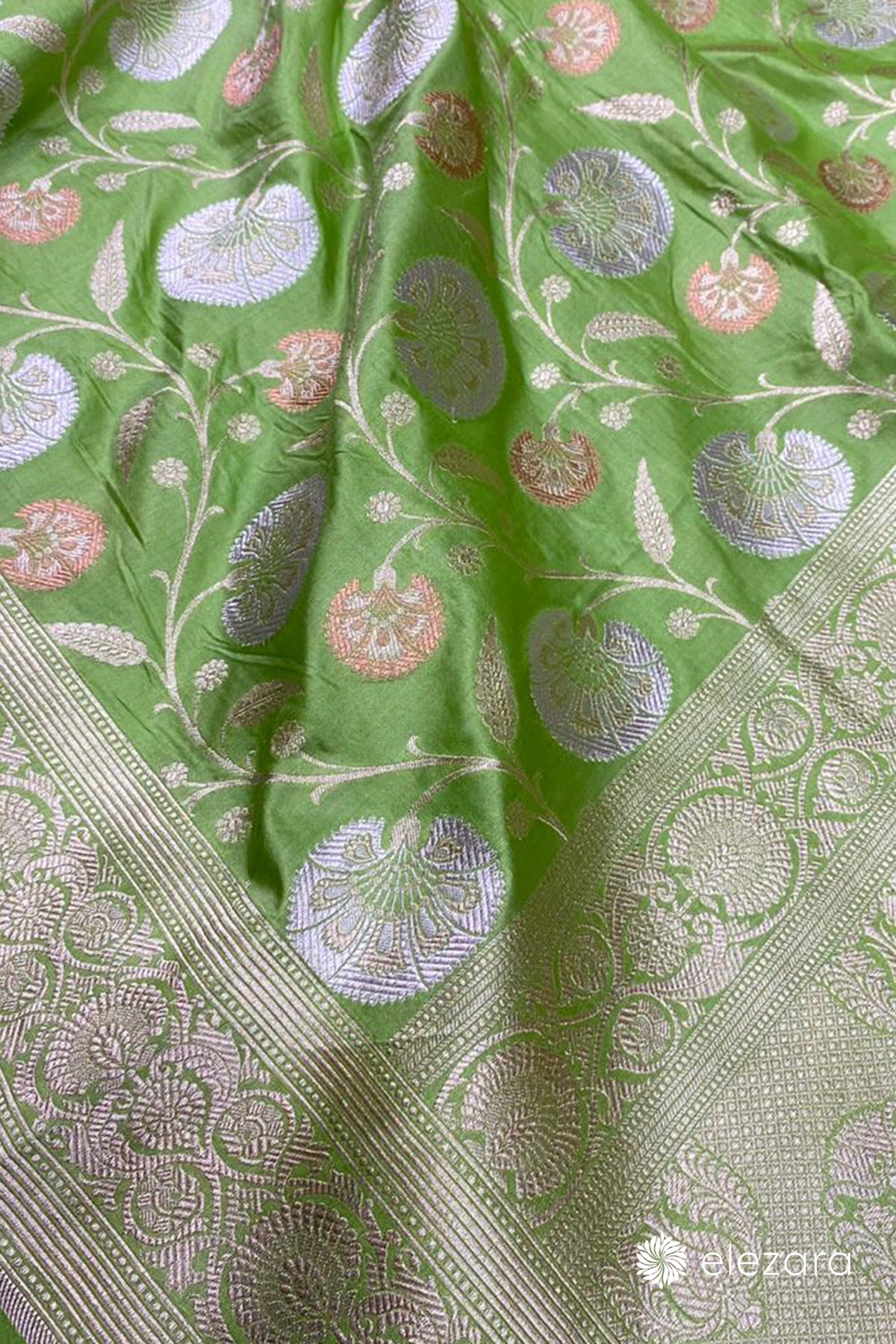 Pastel Green Rupa Copper Zari Pure Katan Silk Banarasi