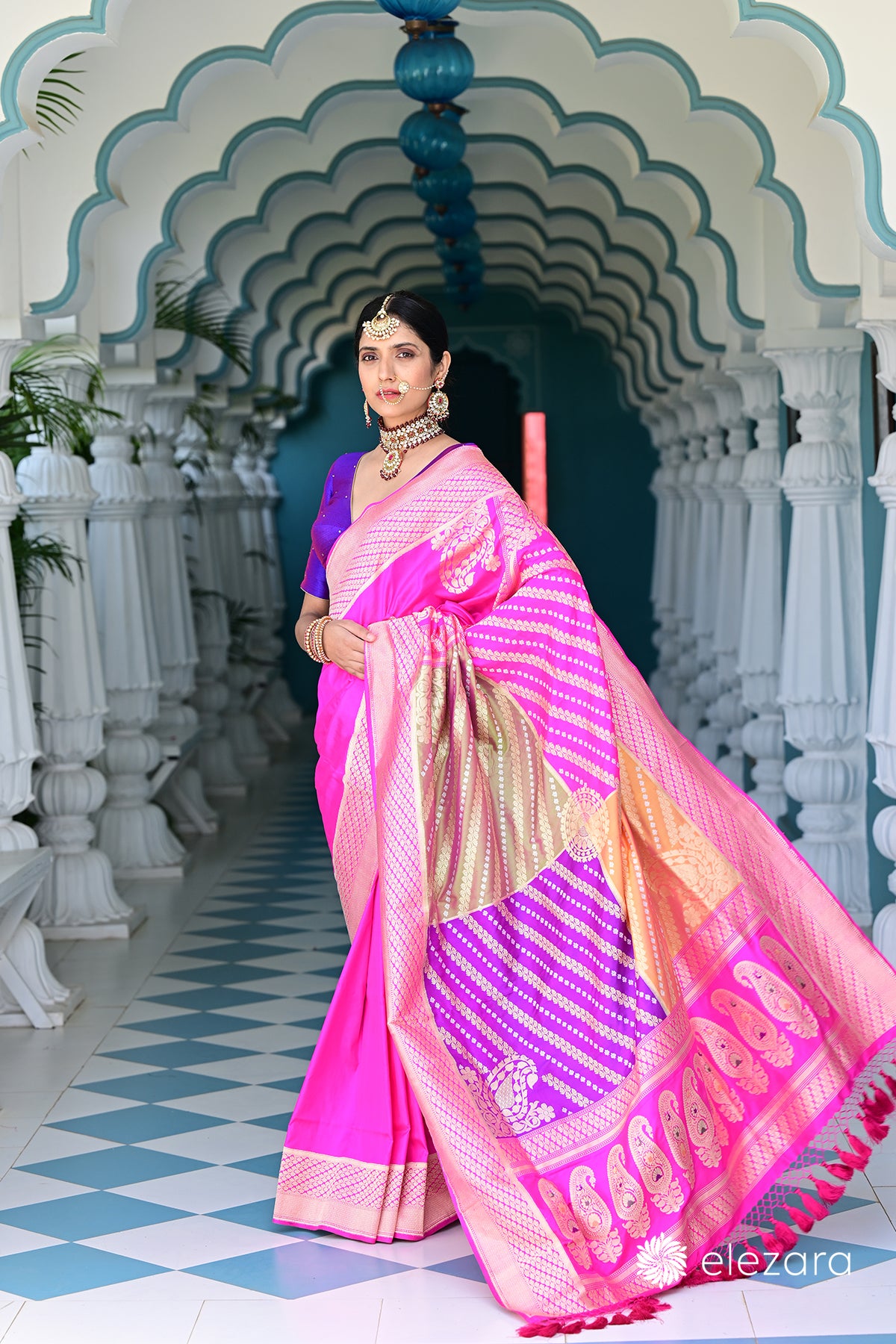 Pink Sona Rupa Zari Chauki Rangkat Kadhwa Pure Katan Silk Banarasi