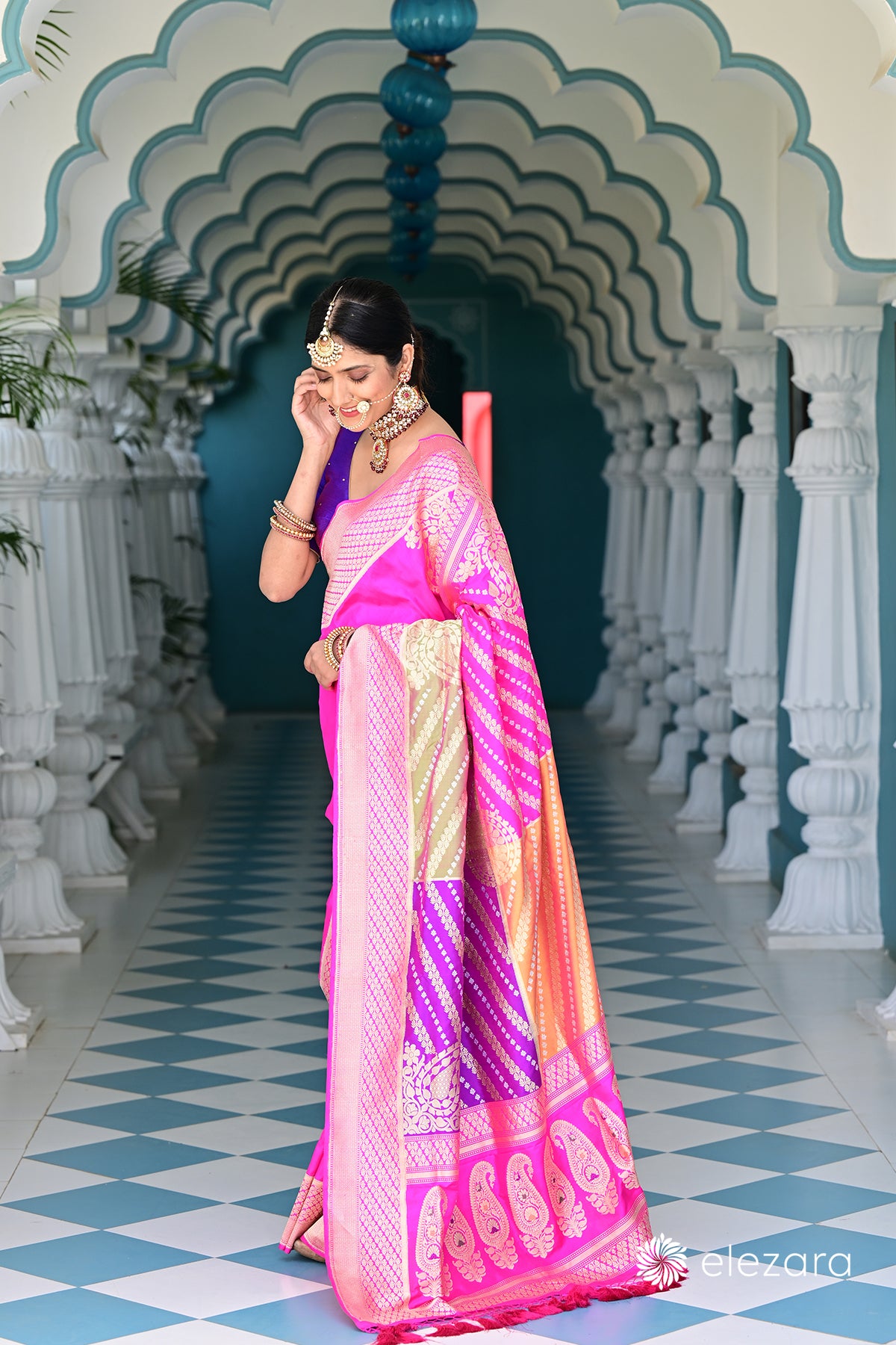 Pink Sona Rupa Zari Chauki Rangkat Kadhwa Pure Katan Silk Banarasi