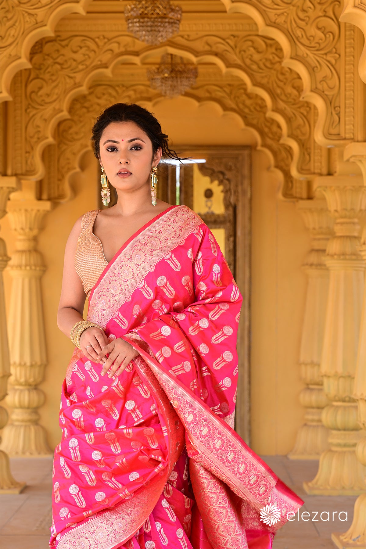 Pink-Orange Banarasi Silk Festival Wear Saree With Blouse -