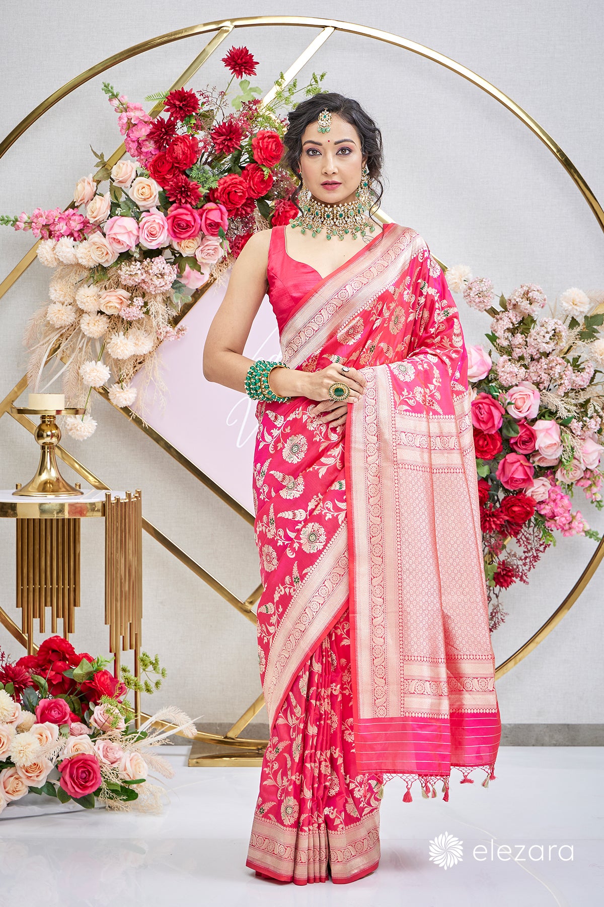 Pink Orange Dual Tone Sona Rupa zari with Meenakari Pure Katan Silk Banarasi