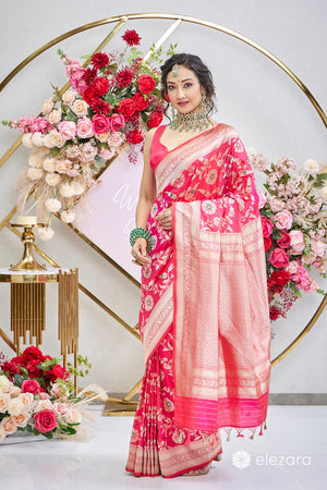 Pink Orange Dual Tone Sona Rupa zari with Meenakari Pure Katan Silk Banarasi