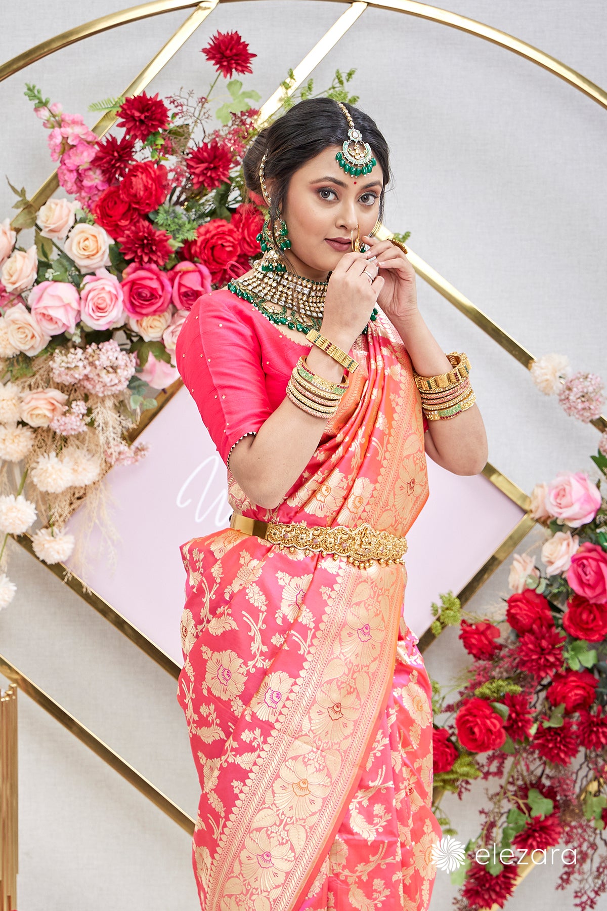 Pink Orange dual tone Sona Rupa Zari Kadhwa Meenakari Pure Katan Silk Banarasi