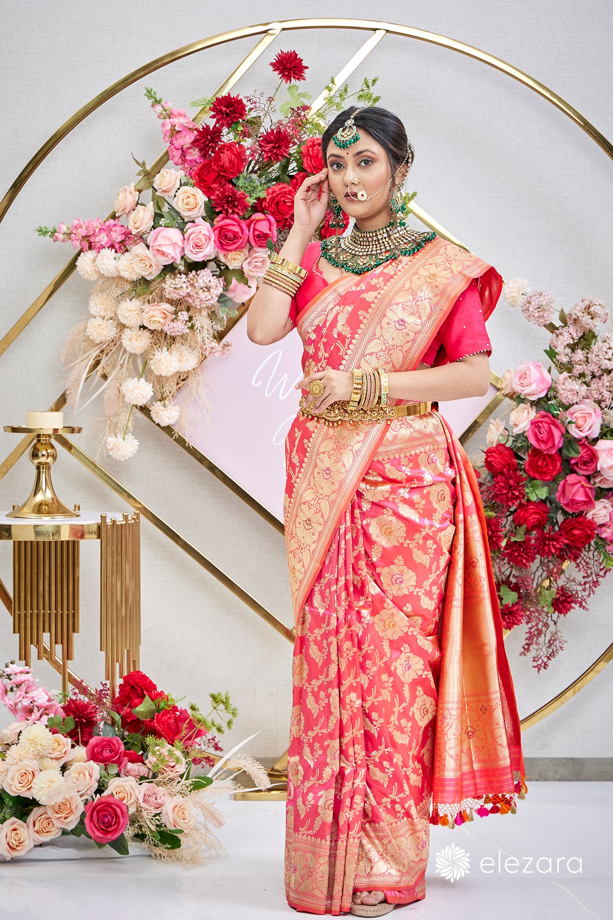 Pink Orange dual tone Sona Rupa Zari Kadhwa Meenakari Pure Katan Silk Banarasi