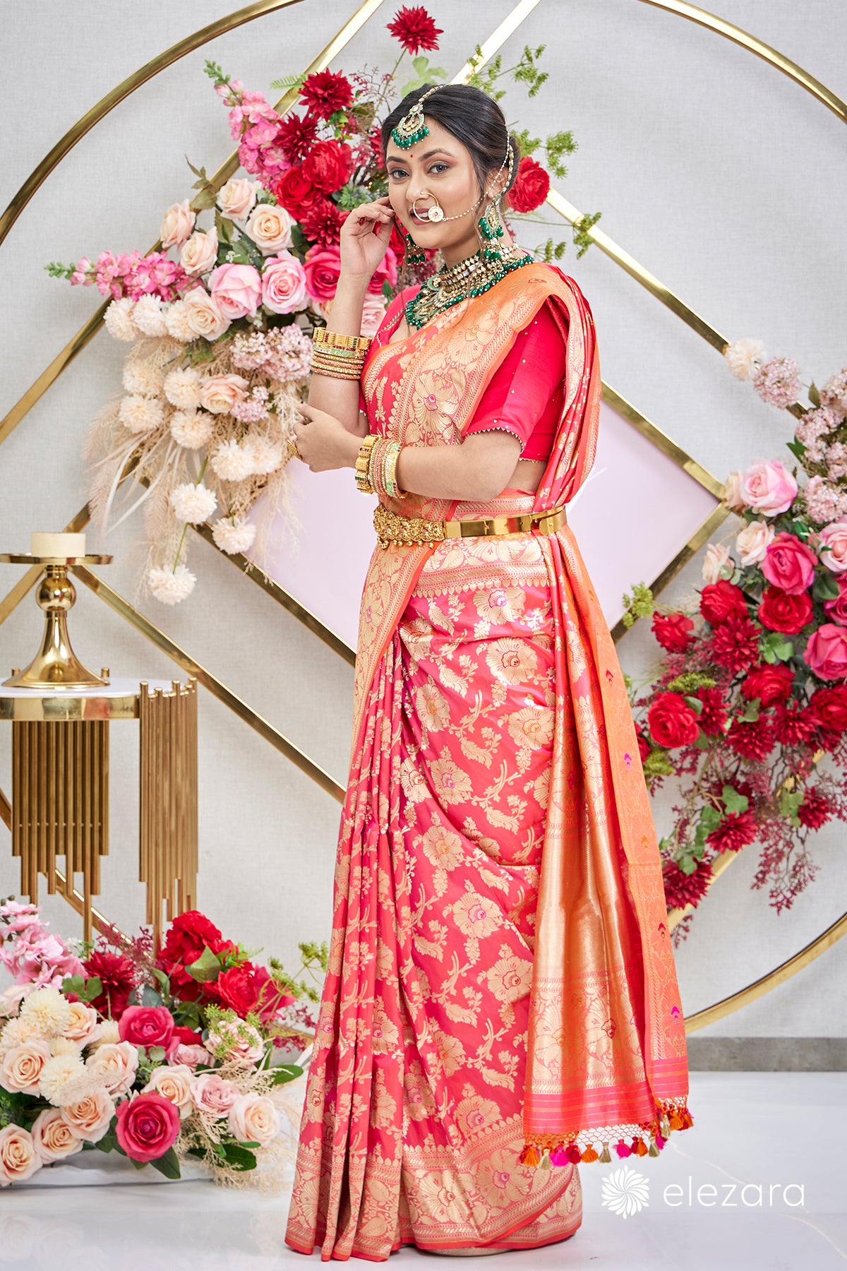 Pink Orange dual tone Sona Rupa Zari Kadhwa Meenakari Pure Katan Silk Banarasi