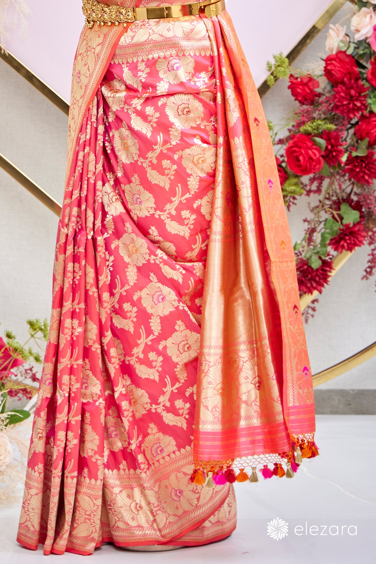 Pink Orange dual tone Sona Rupa Zari Kadhwa Meenakari Pure Katan Silk Banarasi