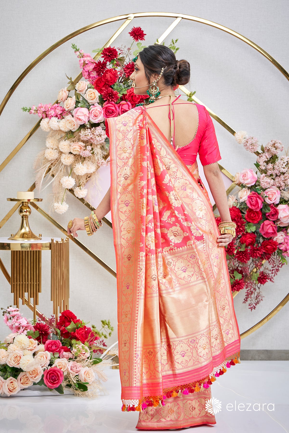 Pink Orange dual tone Sona Rupa Zari Kadhwa Meenakari Pure Katan Silk Banarasi