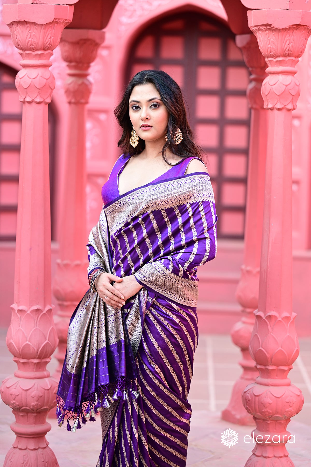 Purple Leheriya Sona Zari Pure Katan Silk Banarasi