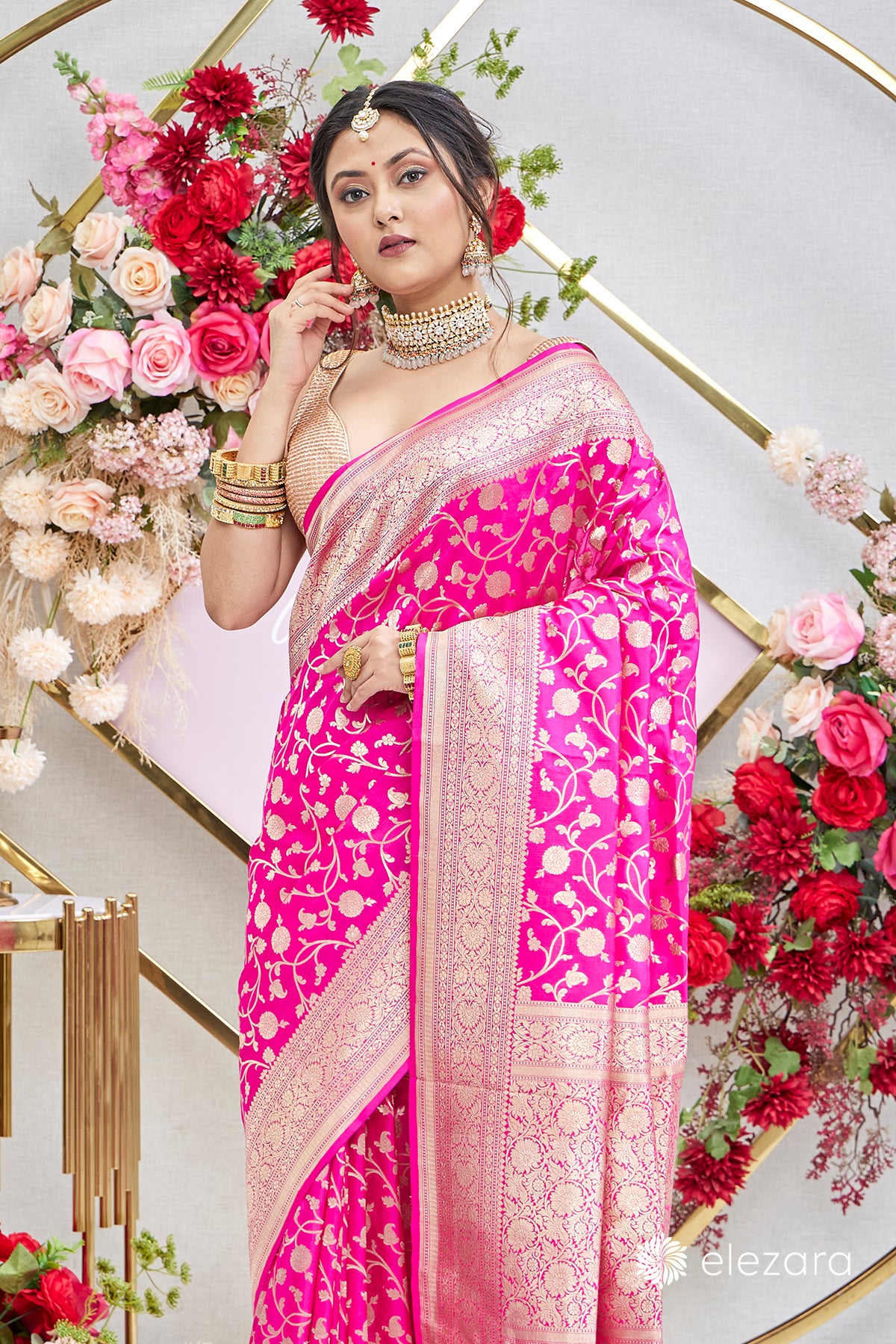 Rani Pink Jaal Pure Katan Banarasi