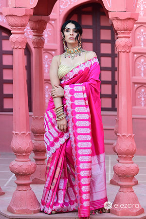 Pink Sona Rupa Zari Kadhwa Meenakari Pure Katan Silk Banarasi with Scallop border