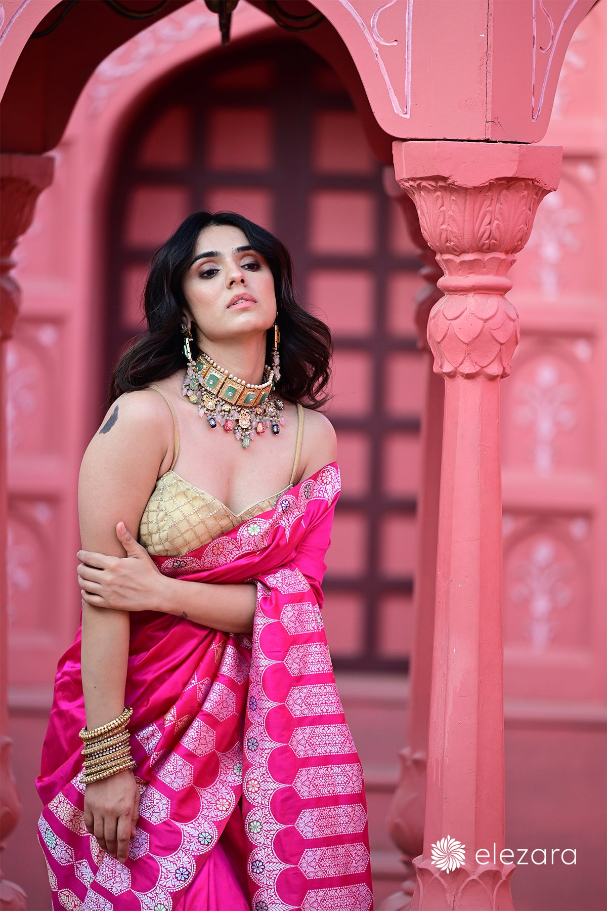 Pink Sona Rupa Zari Kadhwa Meenakari Pure Katan Silk Banarasi with Scallop border