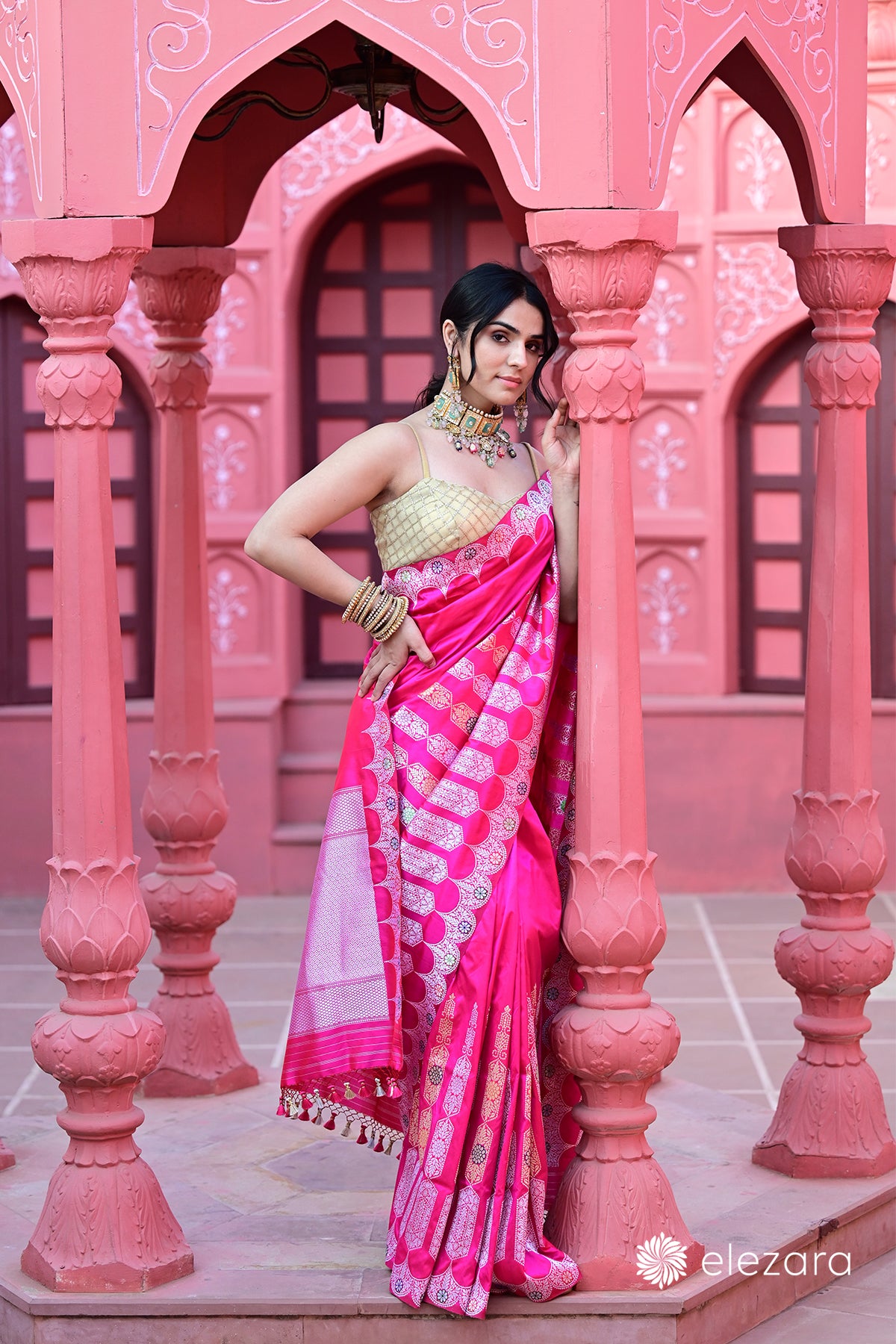 Pink Sona Rupa Zari Kadhwa Meenakari Pure Katan Silk Banarasi with Scallop border